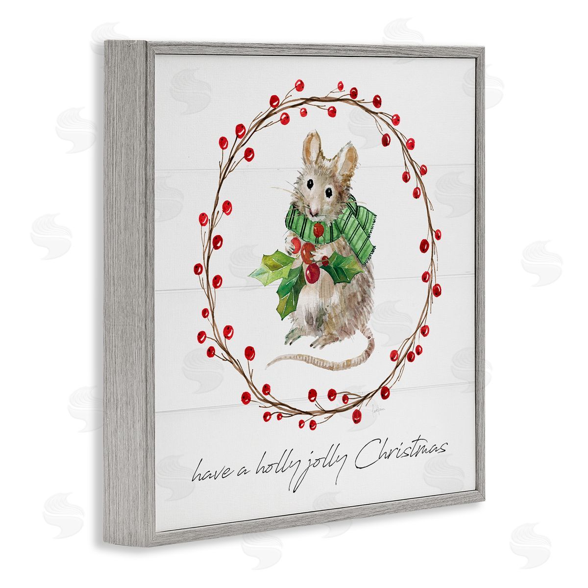 Livi Finn Holly Jolly Christmas Mouse Gray Framed Glicee Wall Art Print