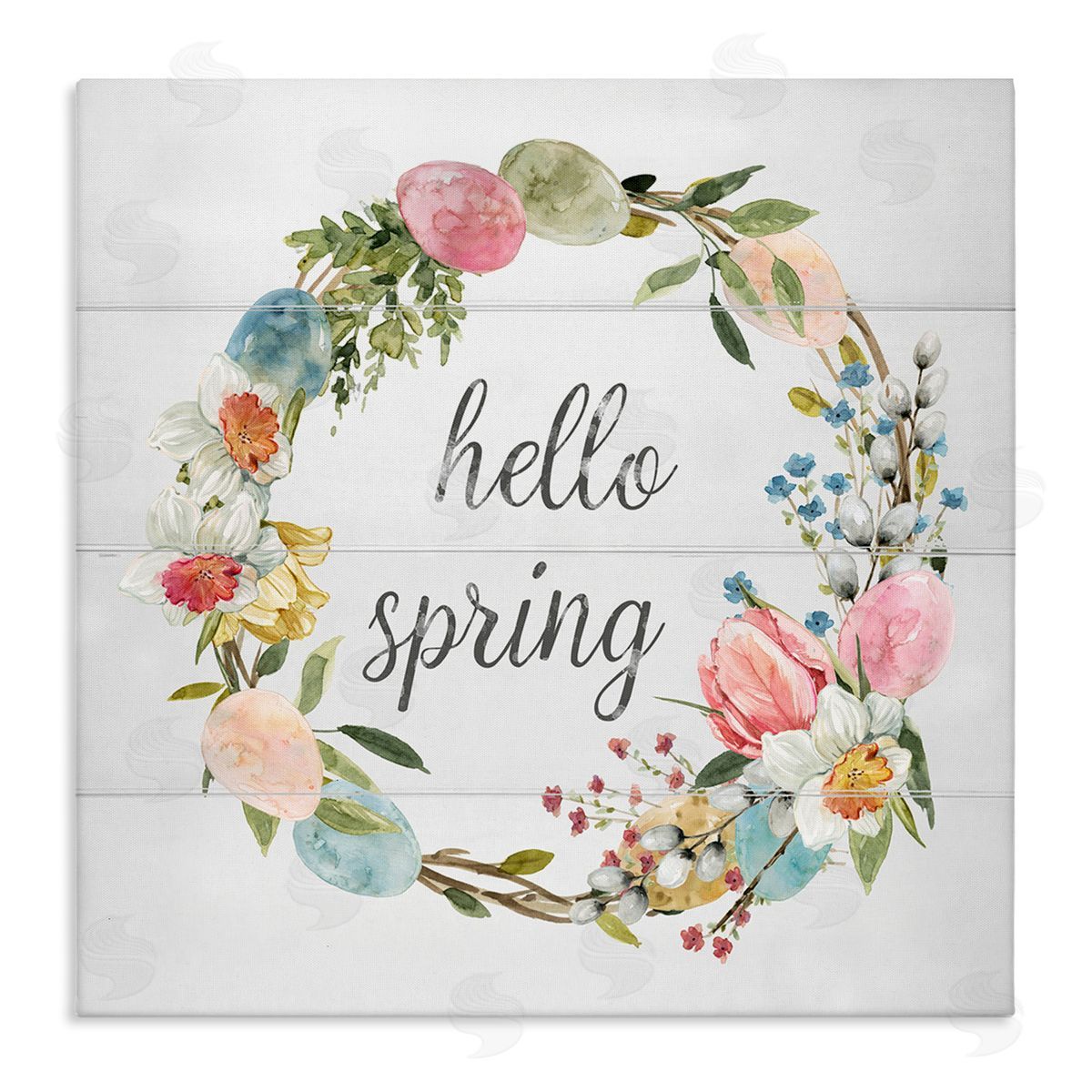 Livi Finn Hello Spring Floral Egg Wreath Stretched Canvas Wall Art Print