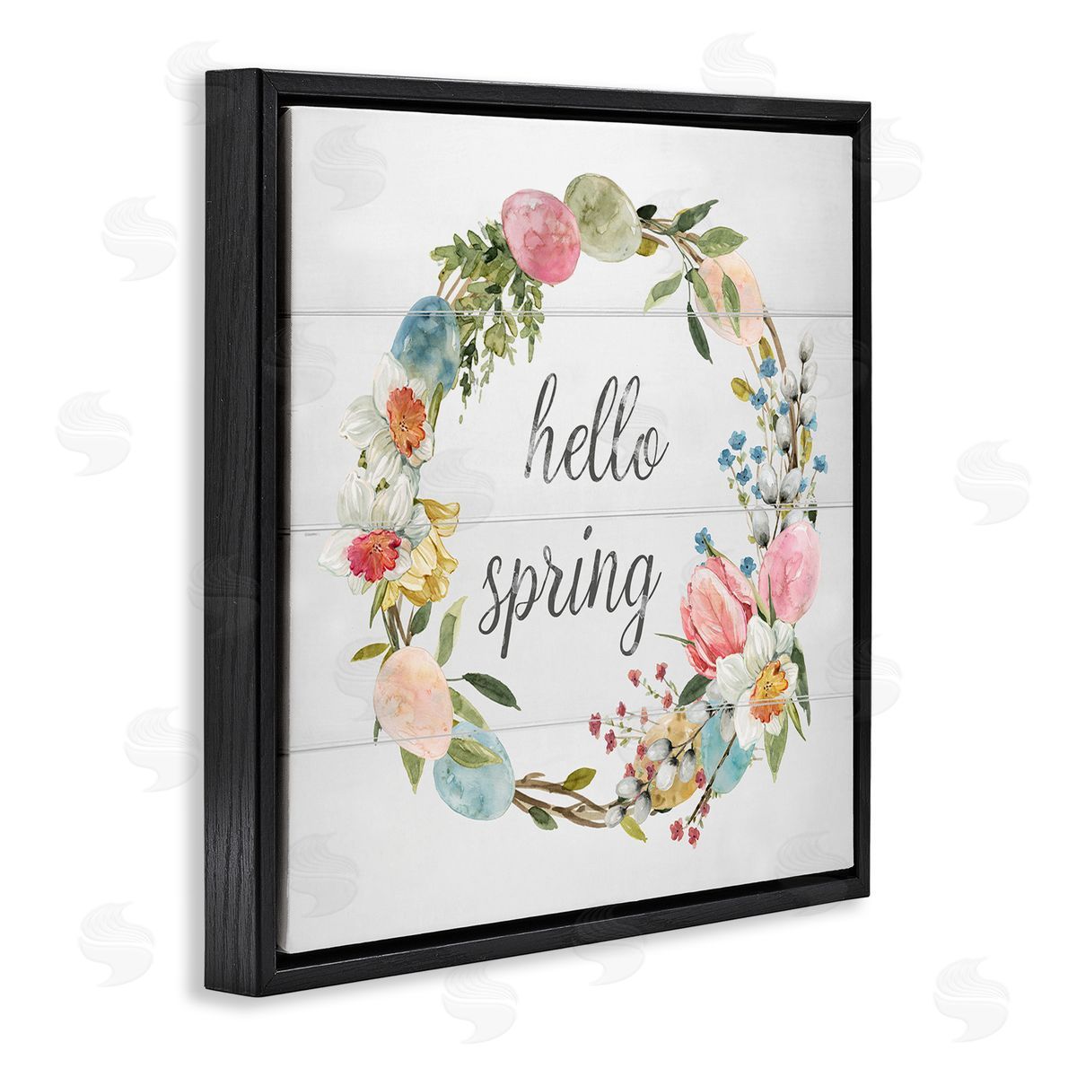 Livi Finn Hello Spring Floral Egg Wreath Black Floating Frame Canvas Wall Art Print