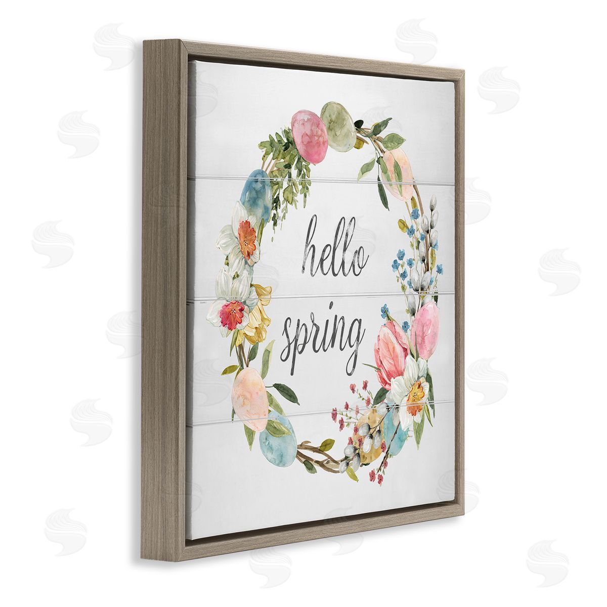 Livi Finn Hello Spring Floral Egg Wreath Brown Floating Frame Canvas Wall Art Print