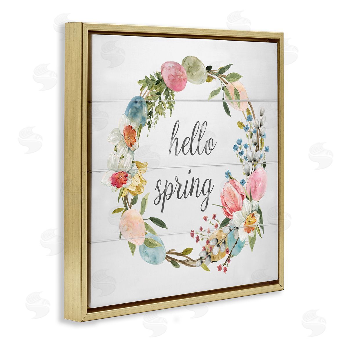 Livi Finn Hello Spring Floral Egg Wreath Gold Floating Frame Canvas Wall Art Print