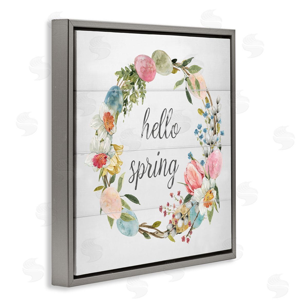 Livi Finn Hello Spring Floral Egg Wreath Gray Floating Frame Canvas Wall Art Print