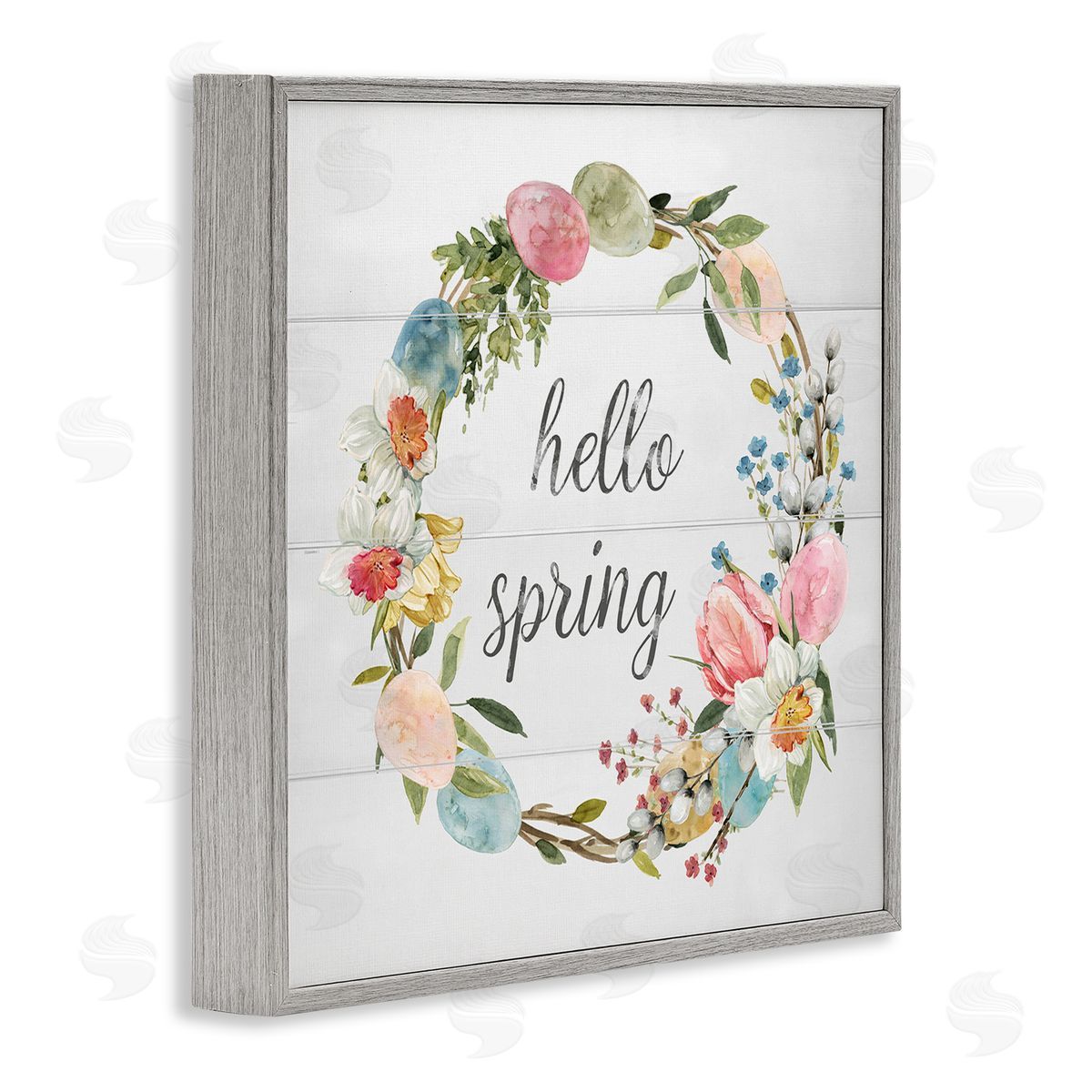 Livi Finn Hello Spring Floral Egg Wreath Gray Framed Glicee Wall Art Print