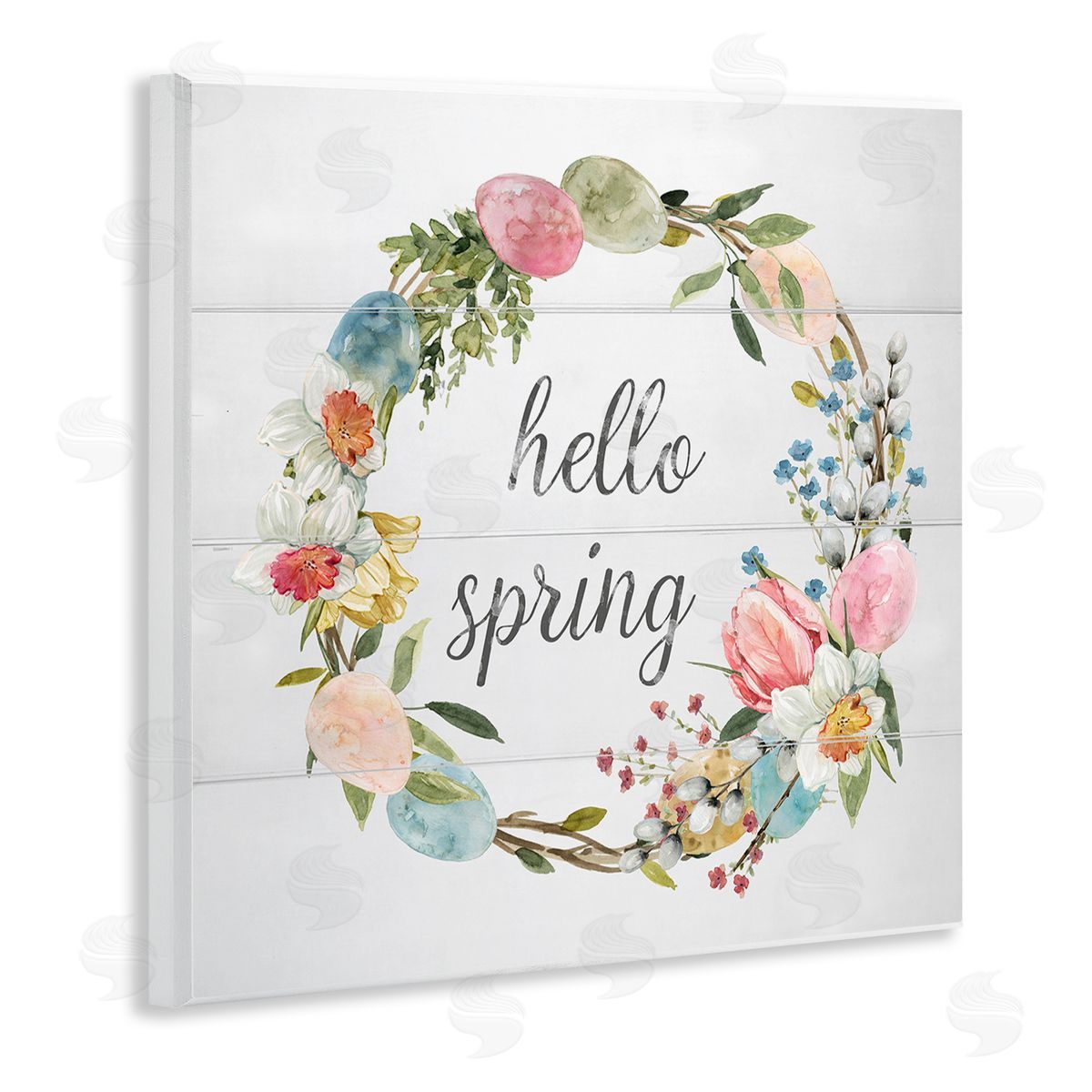 Livi Finn Hello Spring Floral Egg Wreath Wooden Wall Plaque Art Print