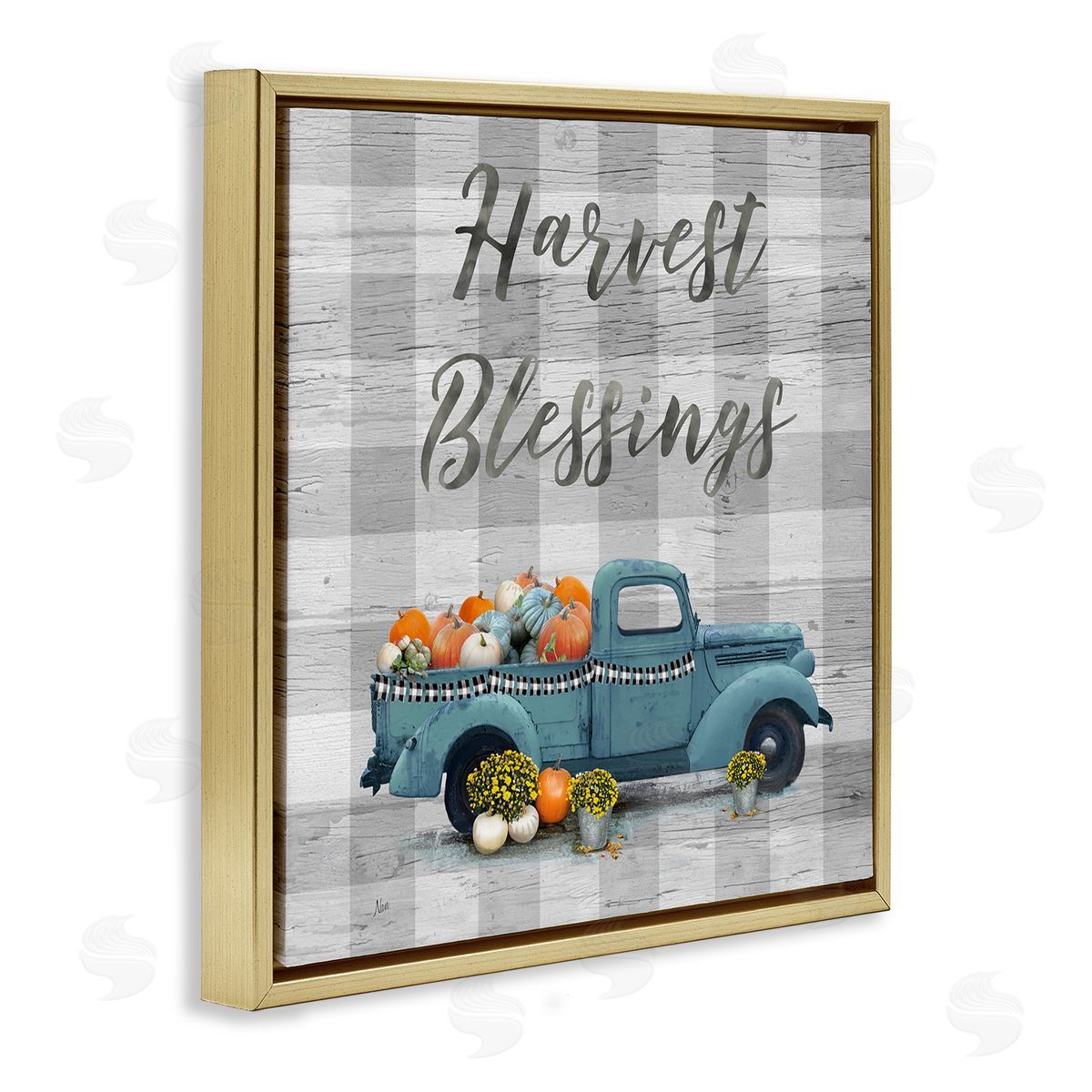 Nan Harvest Blessings Fall Pumpkin Truck Gold Floating Frame Canvas Wall Art Print