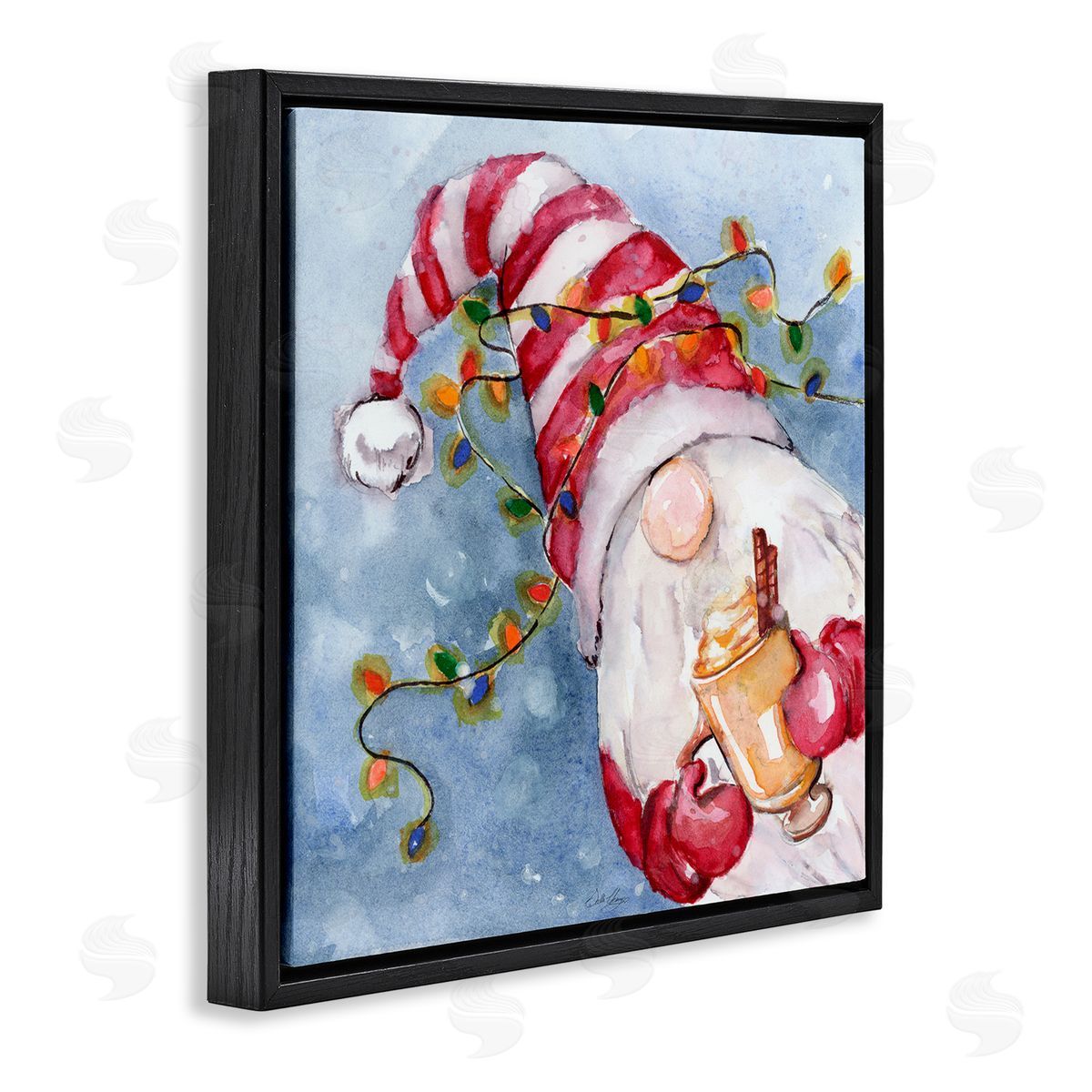 Stella Chang Santa Gnome Holiday Lights Black Floating Frame Canvas Wall Art Print