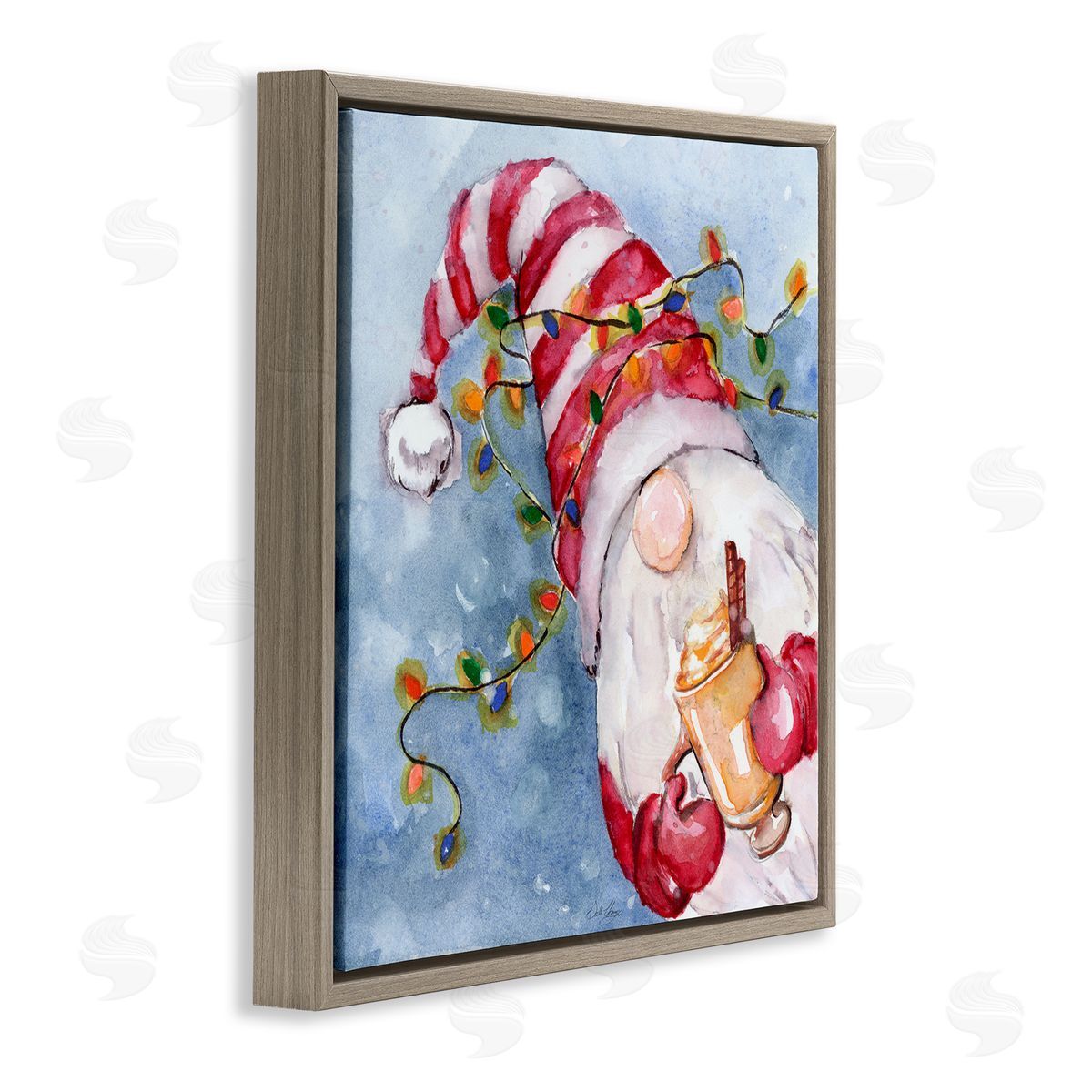 Stella Chang Santa Gnome Holiday Lights Brown Floating Frame Canvas Wall Art Print