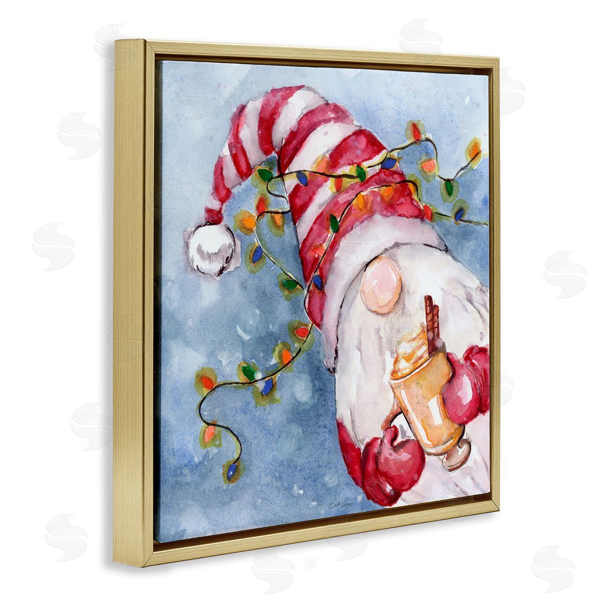 Stella Chang Santa Gnome Holiday Lights Gold Floating Frame Canvas Wall Art Print