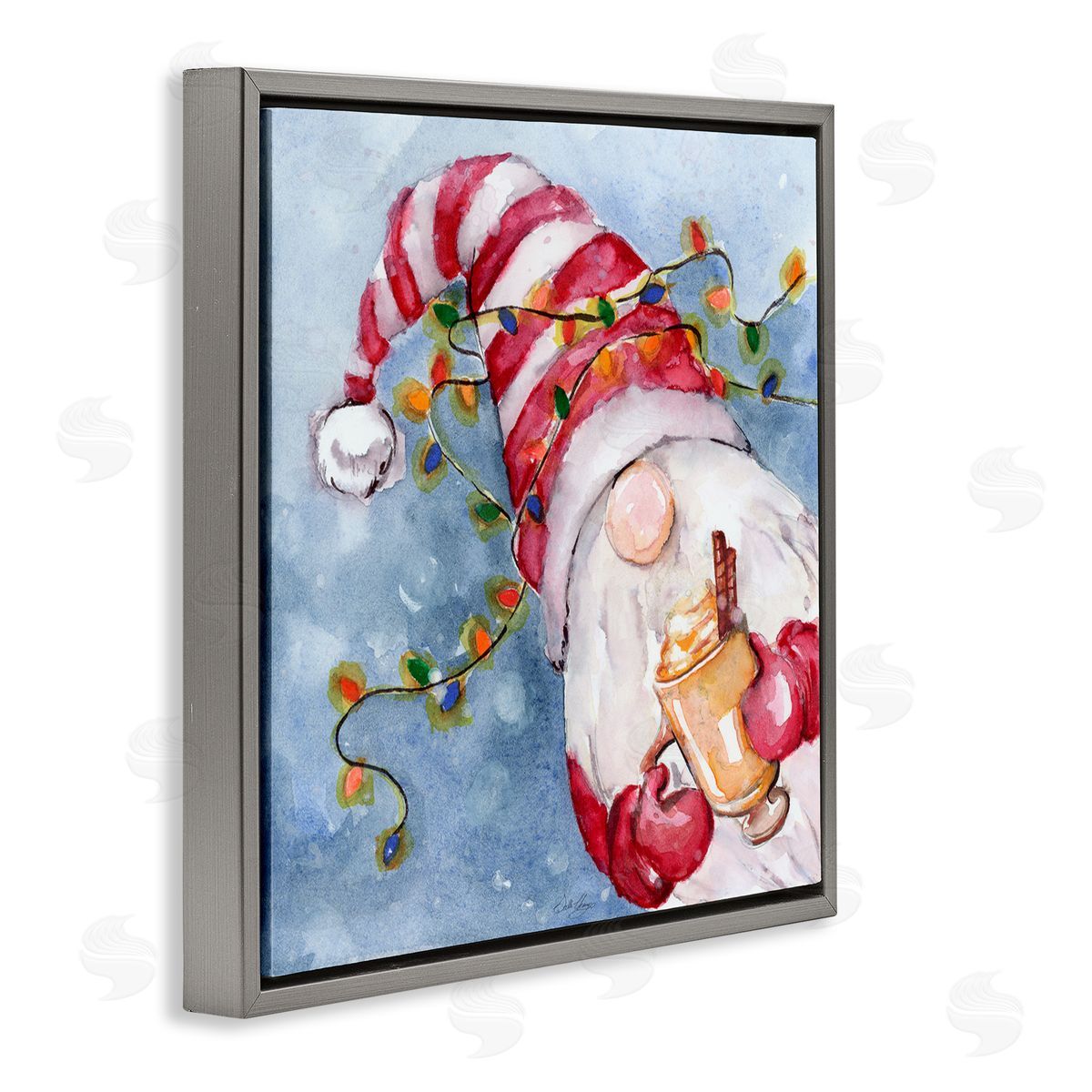 Stella Chang Santa Gnome Holiday Lights Gray Floating Frame Canvas Wall Art Print