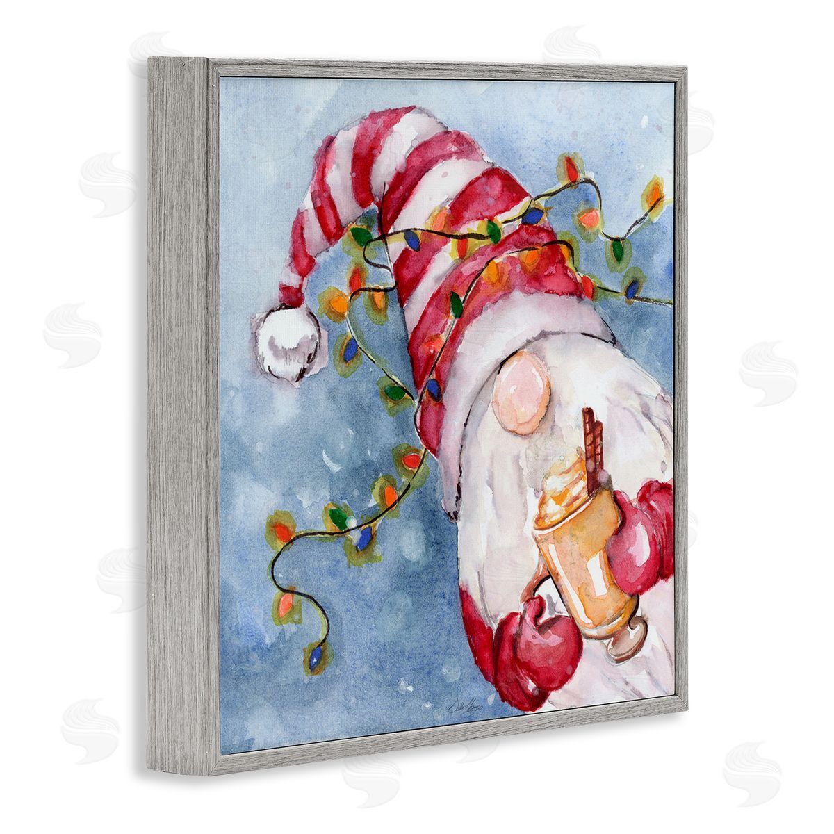 Stella Chang Santa Gnome Holiday Lights Gray Framed Glicee Wall Art Print