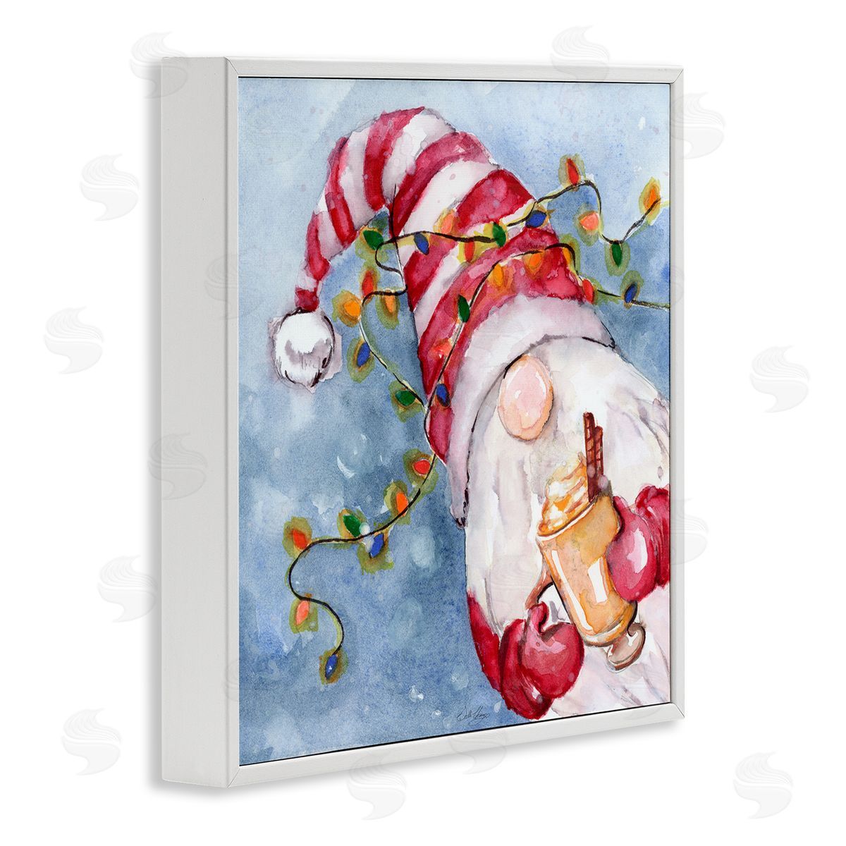 Stella Chang Santa Gnome Holiday Lights White Framed Glicee Wall Art Print