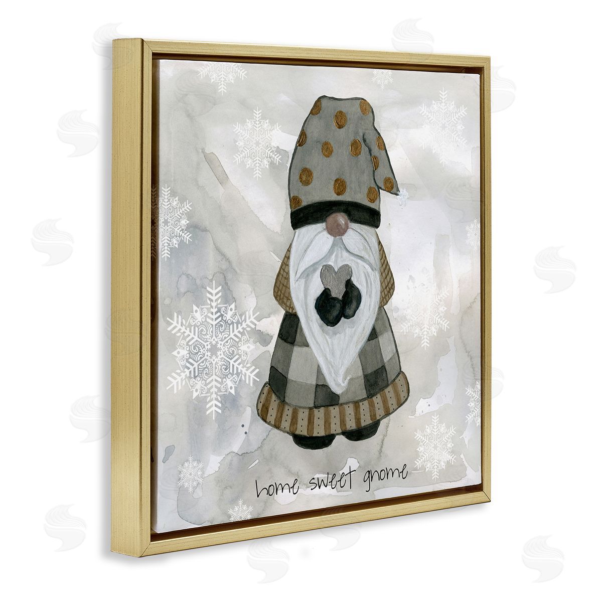 Livi Finn Home Sweet Gnome Winter Snowflakes Gold Floating Frame Canvas Wall Art Print