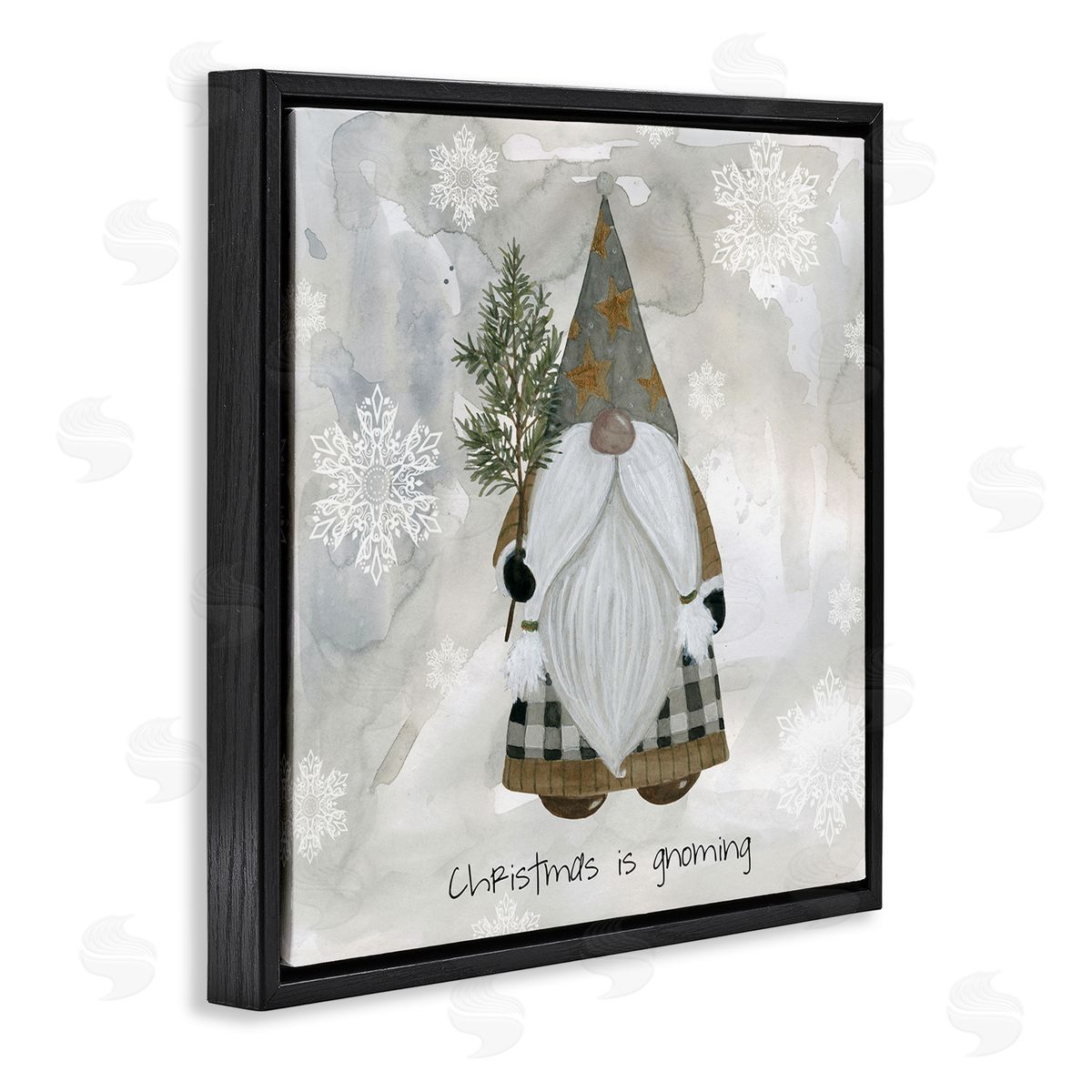 Livi Finn Christmas Is Gnoming Holiday Pattern Black Floating Frame Canvas Wall Art Print