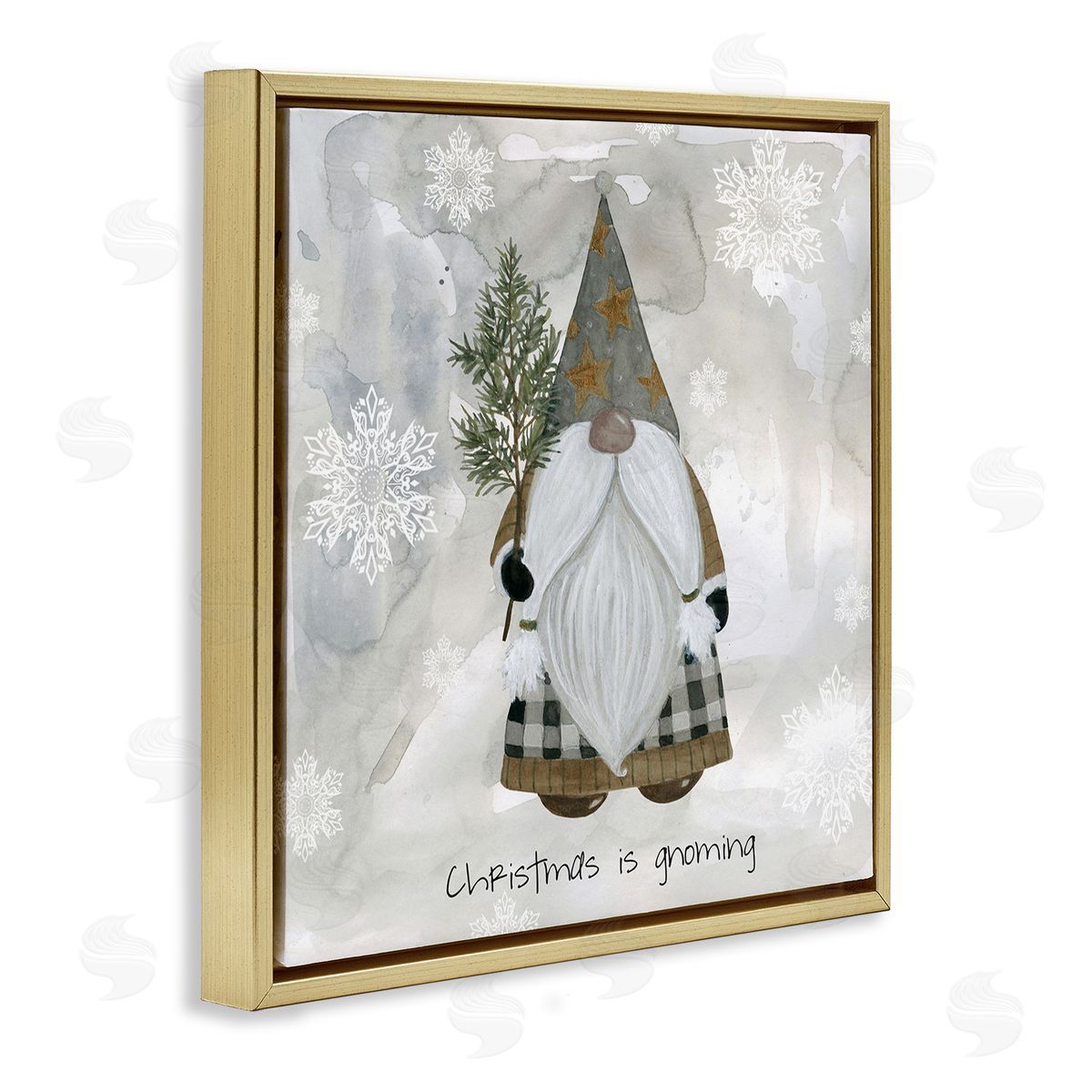 Livi Finn Christmas Is Gnoming Holiday Pattern Gold Floating Frame Canvas Wall Art Print