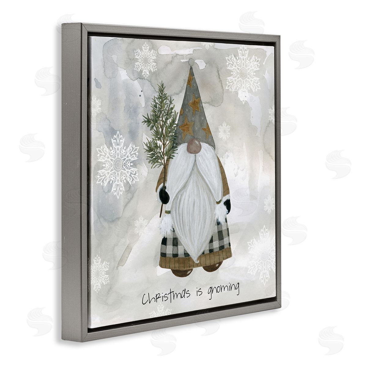 Livi Finn Christmas Is Gnoming Holiday Pattern Gray Floating Frame Canvas Wall Art Print
