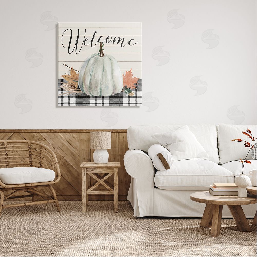 Livi Finn Welcome Plaid Pumpkin Sign Canvas Wall Art in Room