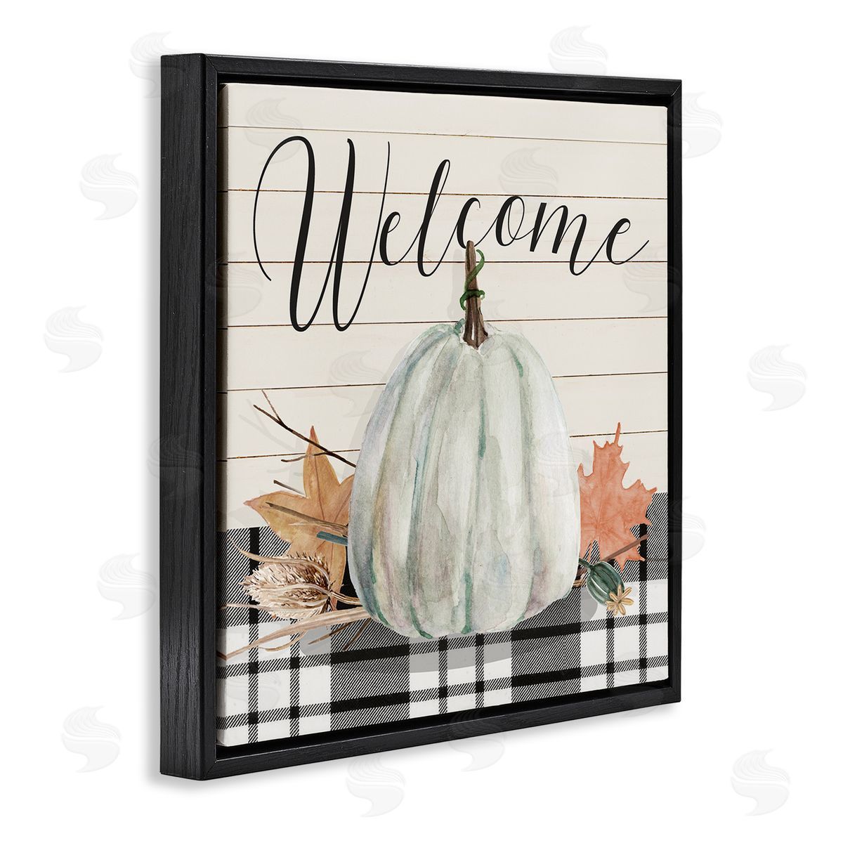 Livi Finn Welcome Plaid Pumpkin Sign Black Floating Frame Canvas Wall Art Print