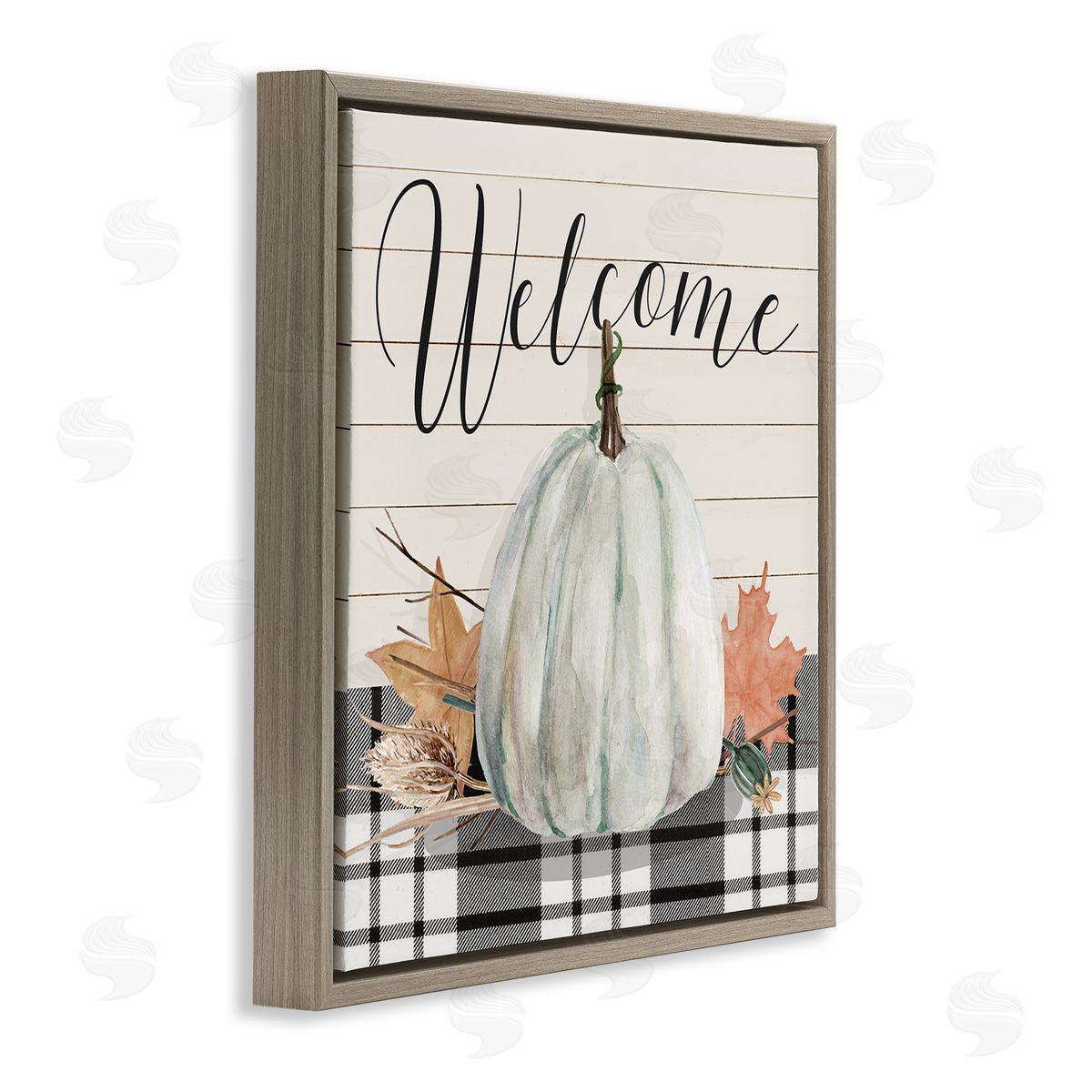 Livi Finn Welcome Plaid Pumpkin Sign Brown Floating Frame Canvas Wall Art Print