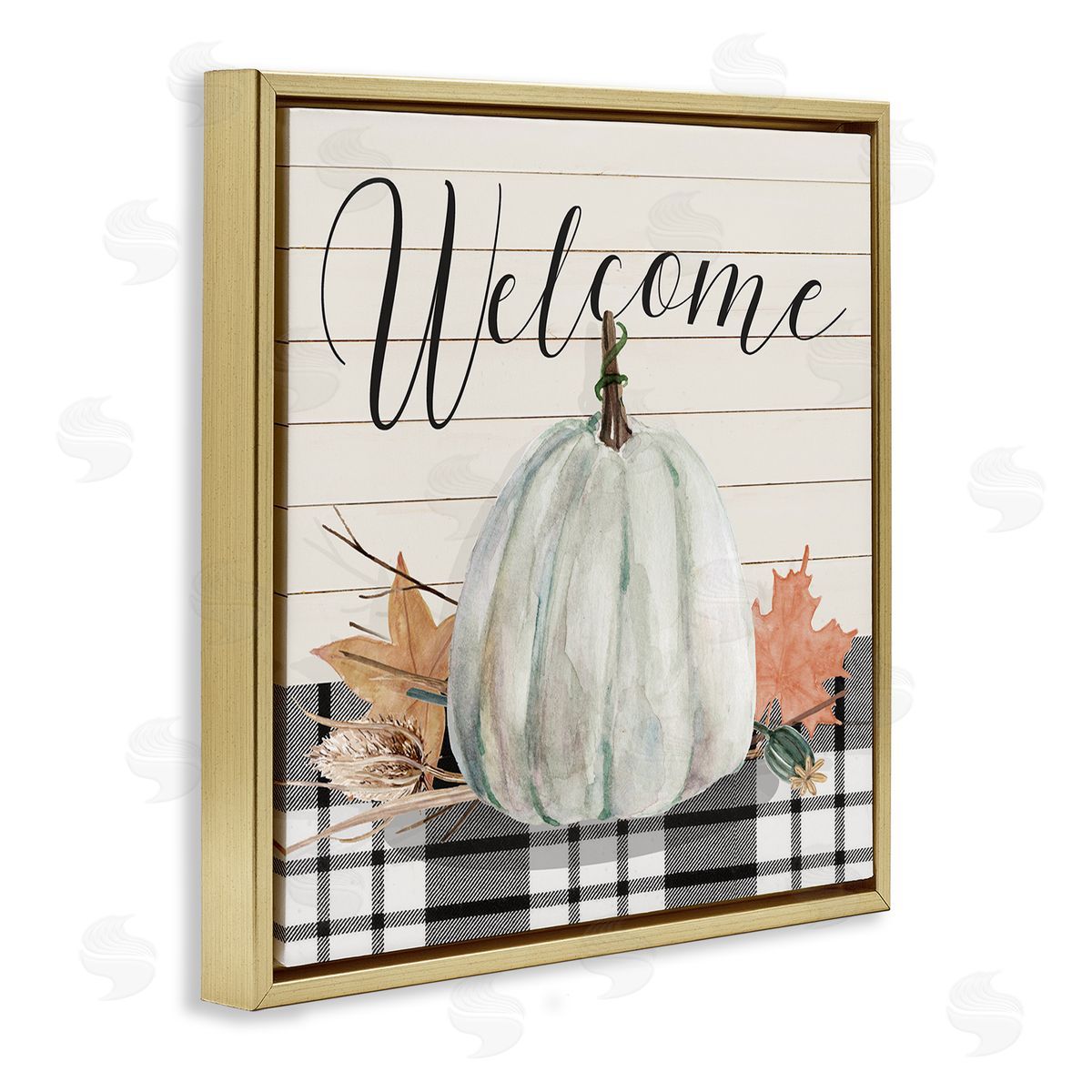 Livi Finn Welcome Plaid Pumpkin Sign Gold Floating Frame Canvas Wall Art Print