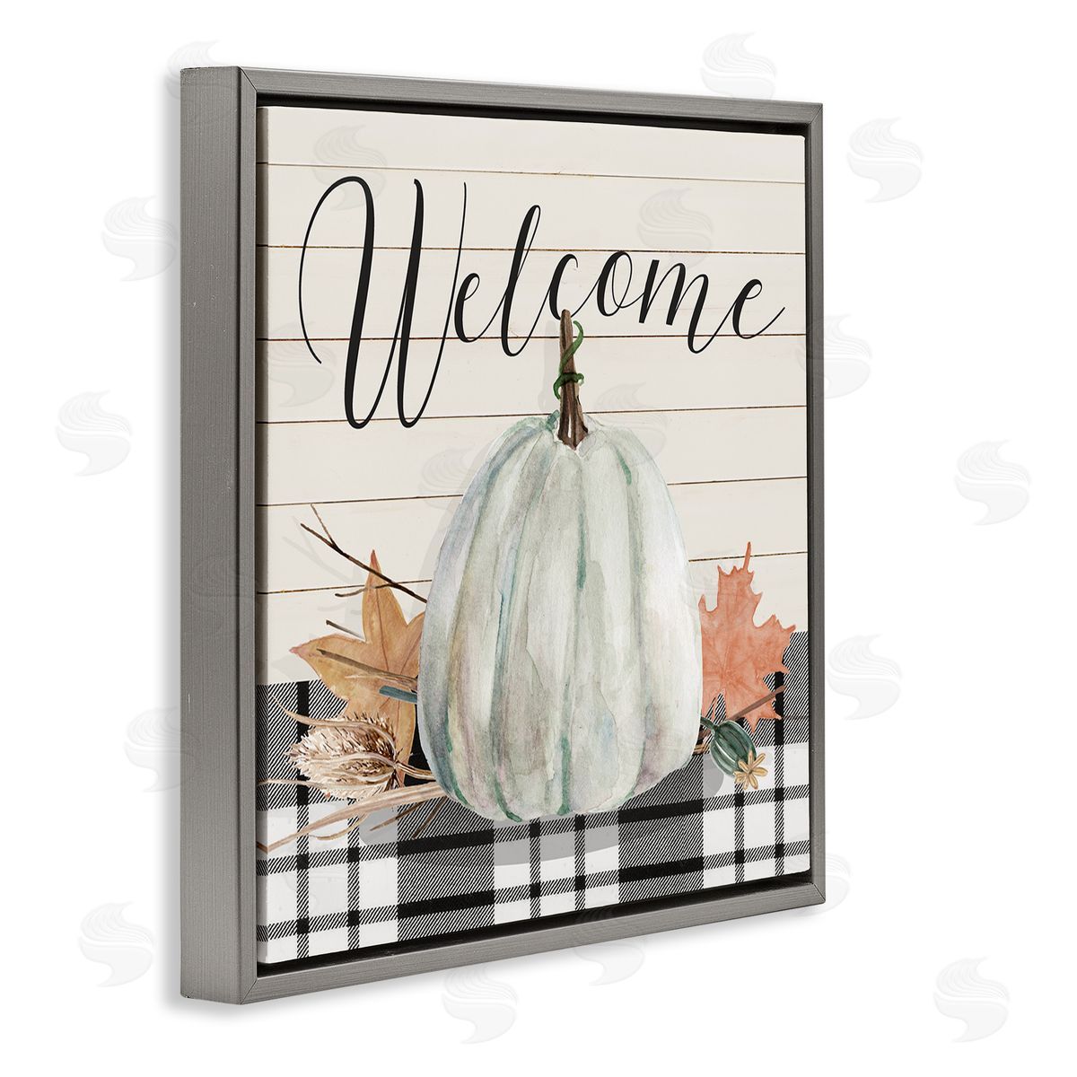 Livi Finn Welcome Plaid Pumpkin Sign Gray Floating Frame Canvas Wall Art Print