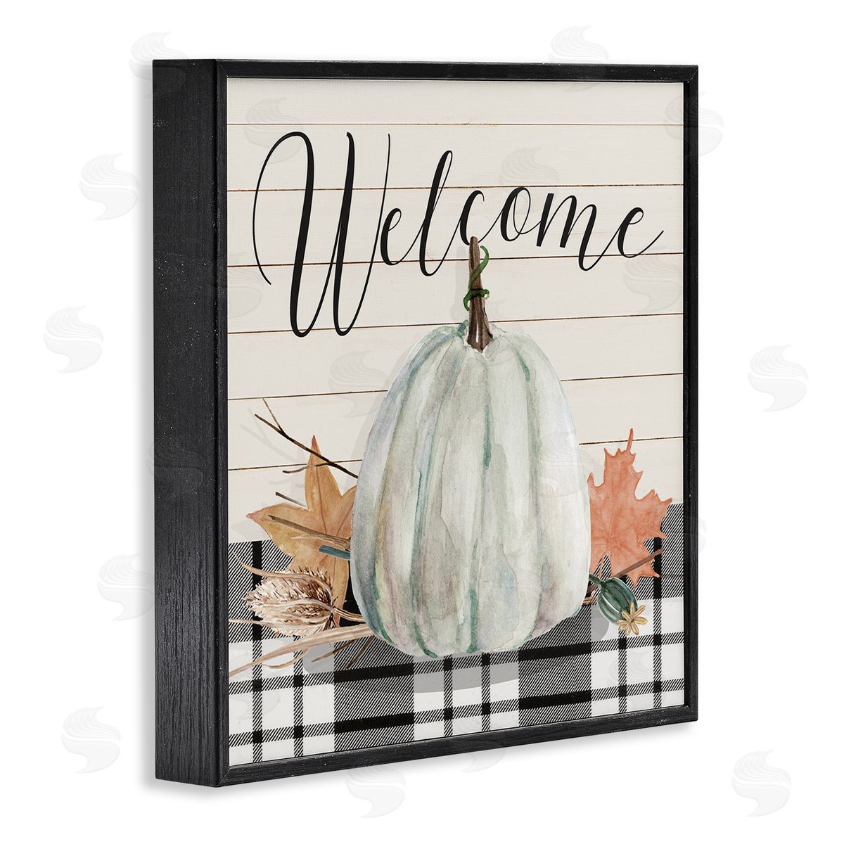 Livi Finn Welcome Plaid Pumpkin Sign Black Framed Glicee Wall Art Print