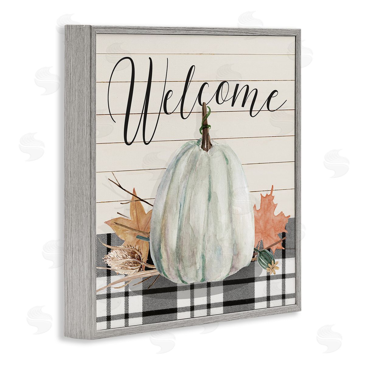 Livi Finn Welcome Plaid Pumpkin Sign Gray Framed Glicee Wall Art Print