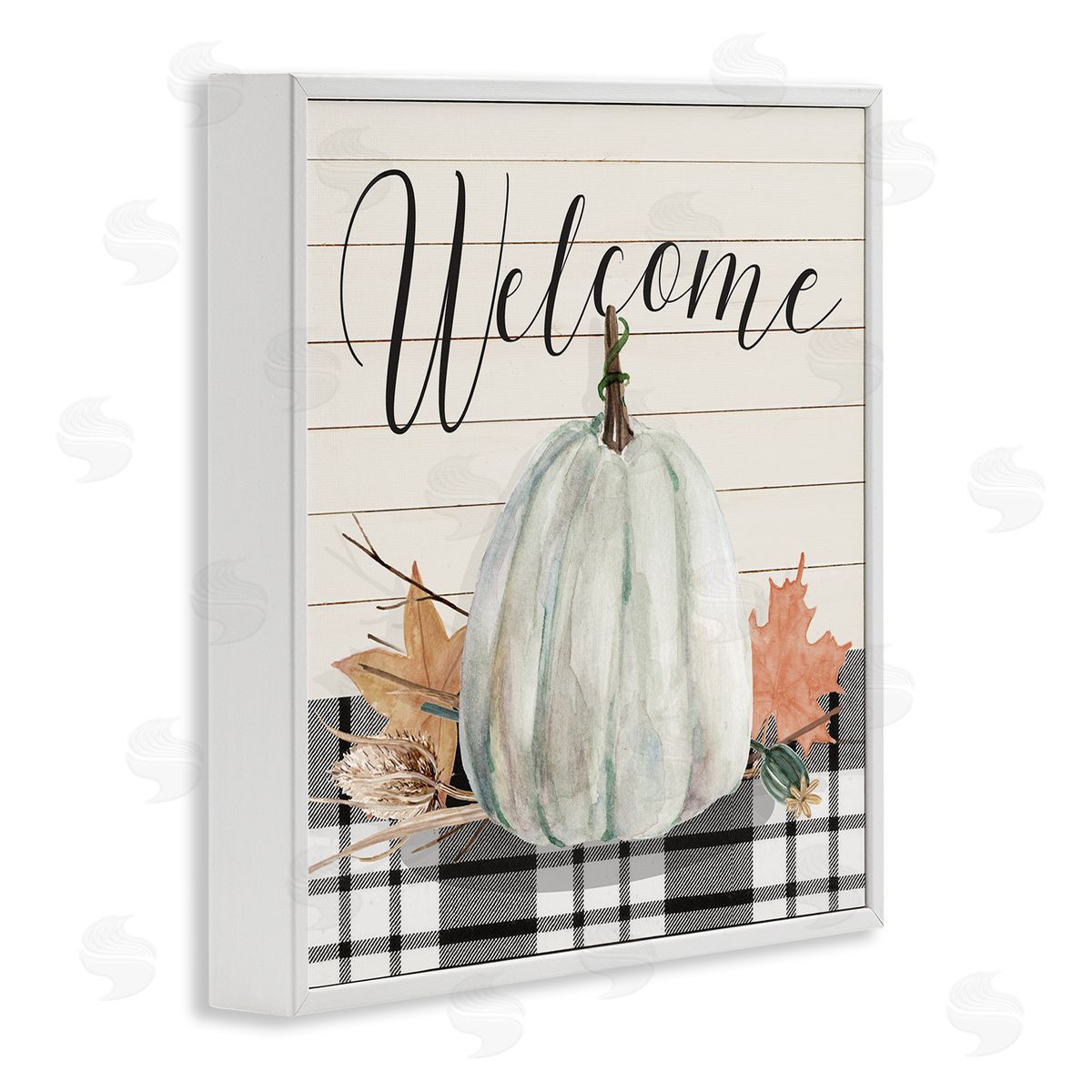 Livi Finn Welcome Plaid Pumpkin Sign White Framed Glicee Wall Art Print