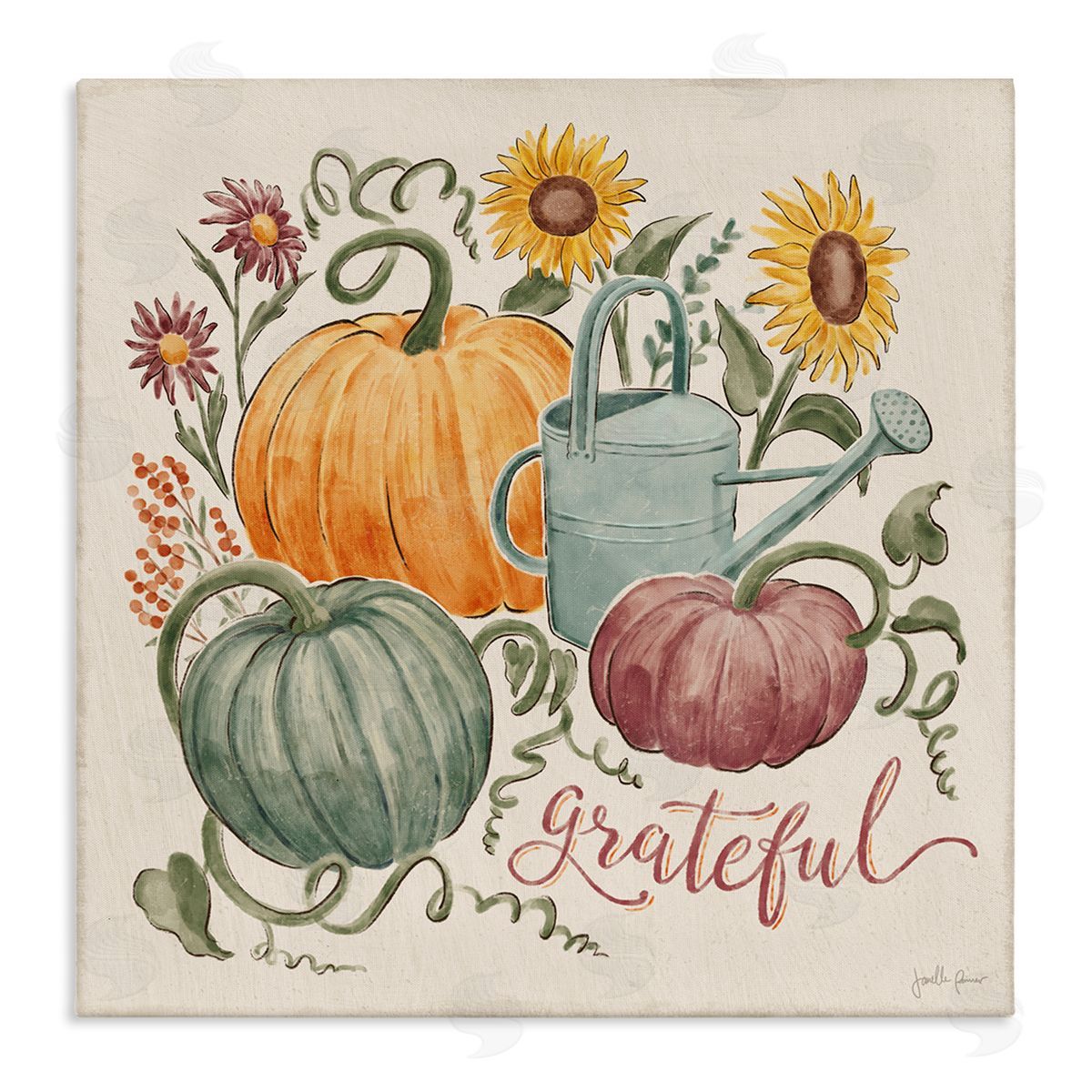Janelle Penner Grateful Floral Fall Pumpkins Stretched Canvas Wall Art Print