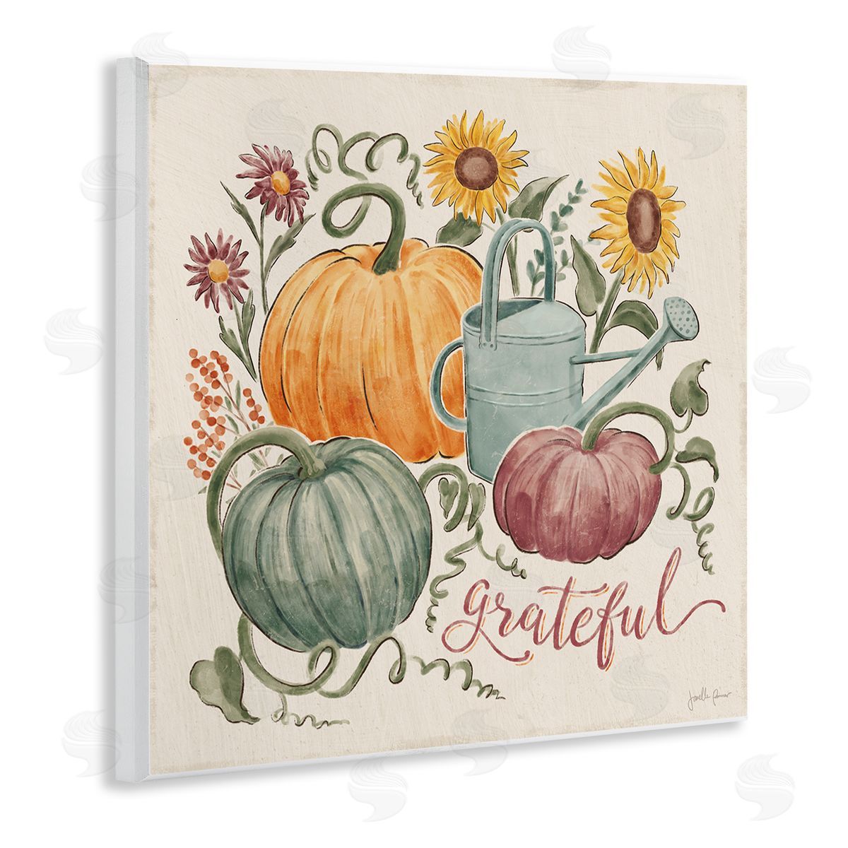 Janelle Penner Grateful Floral Fall Pumpkins Wooden Wall Plaque Art Print