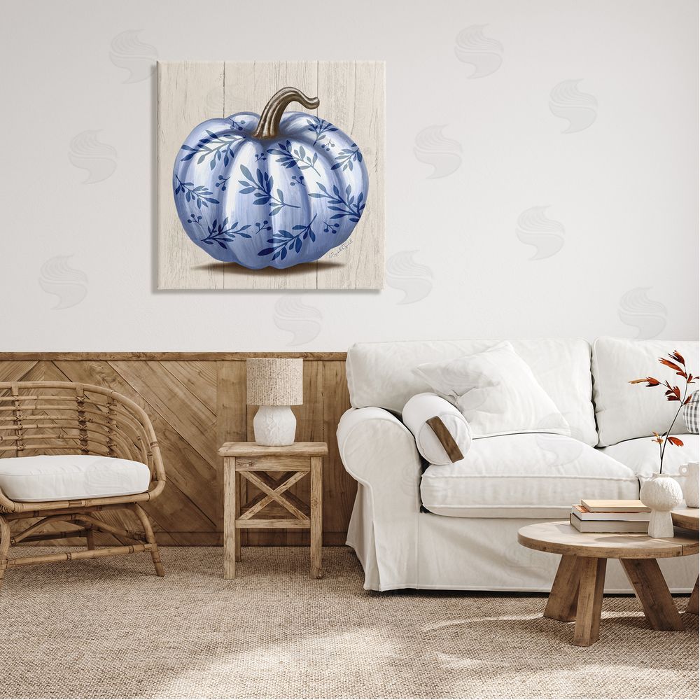 Elizabeth Tyndall Blue Patterned Botanical Pumpkin Canvas Wall Art in Room