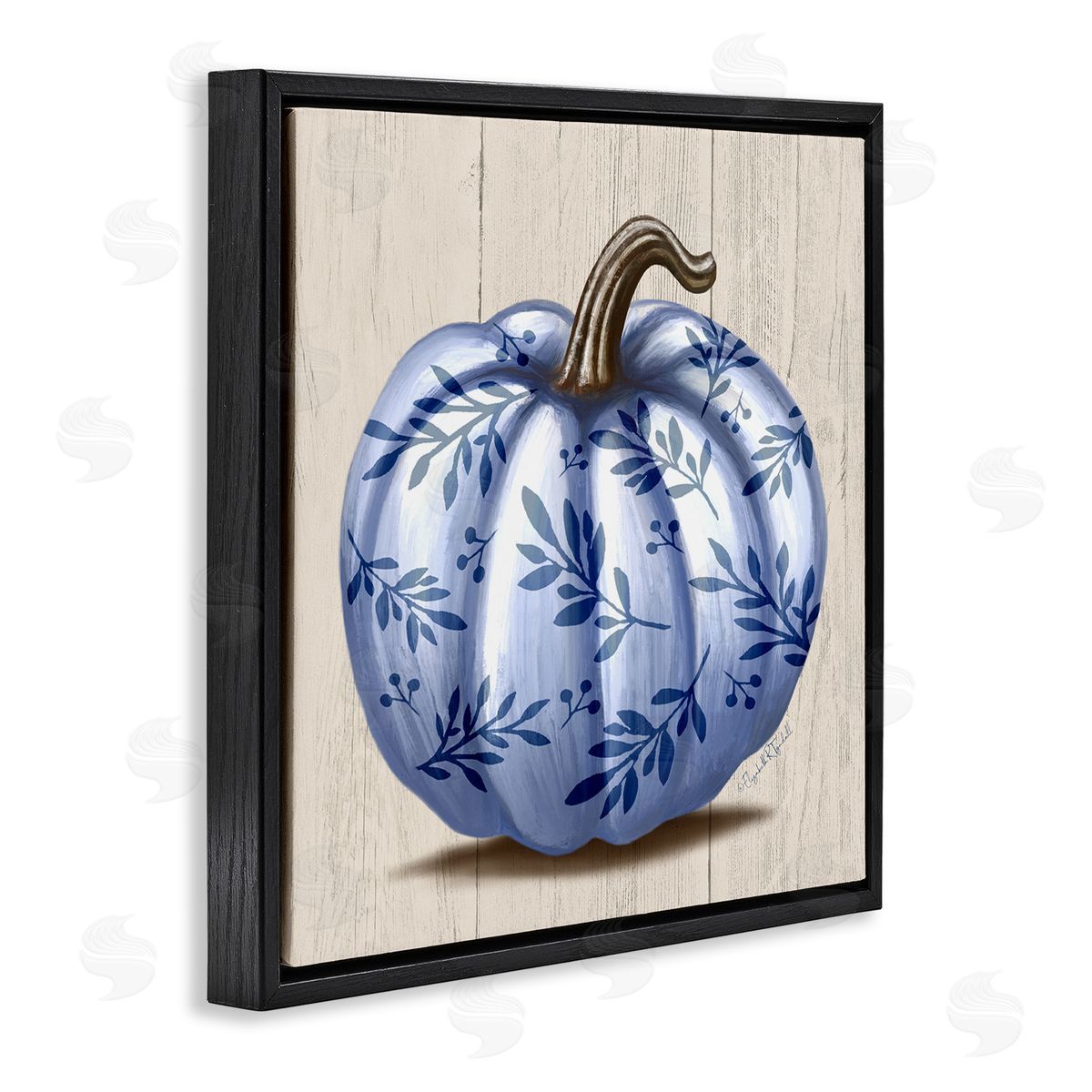 Elizabeth Tyndall Blue Patterned Botanical Pumpkin Black Floating Frame Canvas Wall Art Print