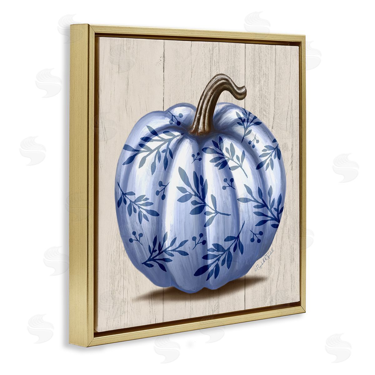 Elizabeth Tyndall Blue Patterned Botanical Pumpkin Gold Floating Frame Canvas Wall Art Print