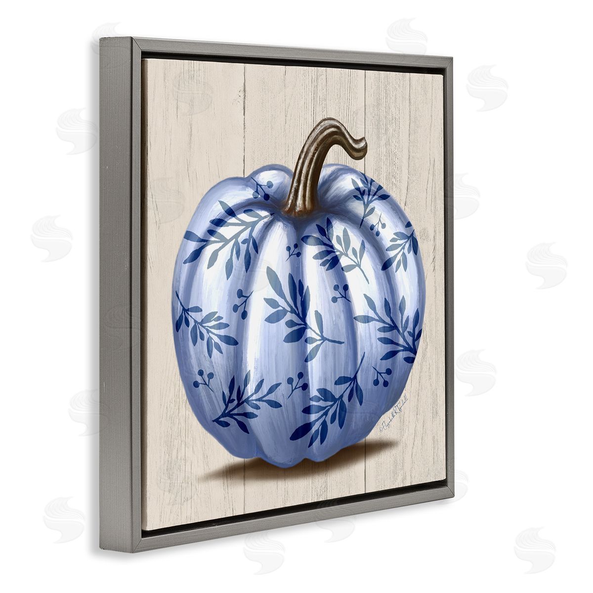 Elizabeth Tyndall Blue Patterned Botanical Pumpkin Gray Floating Frame Canvas Wall Art Print
