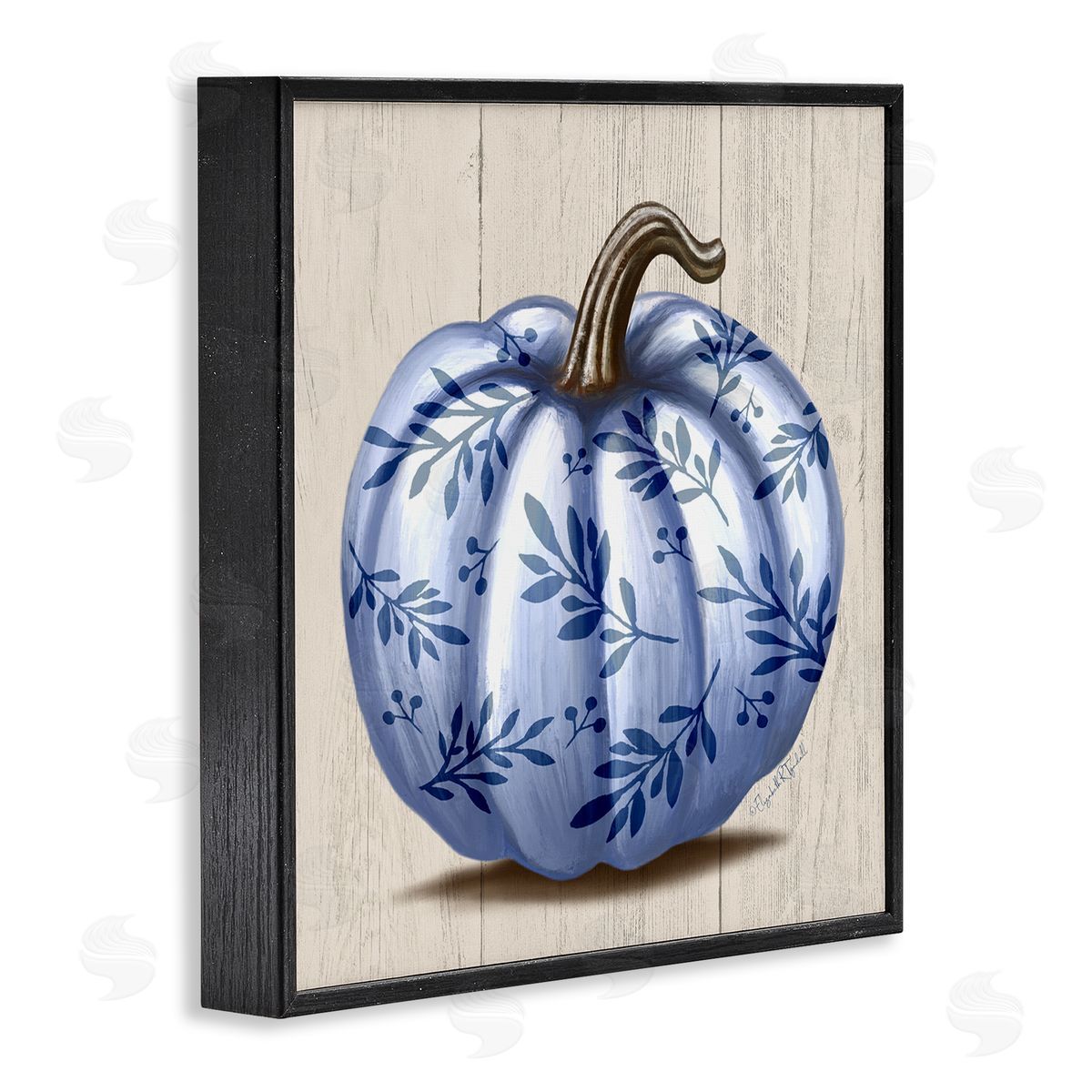 Elizabeth Tyndall Blue Patterned Botanical Pumpkin Black Framed Glicee Wall Art Print