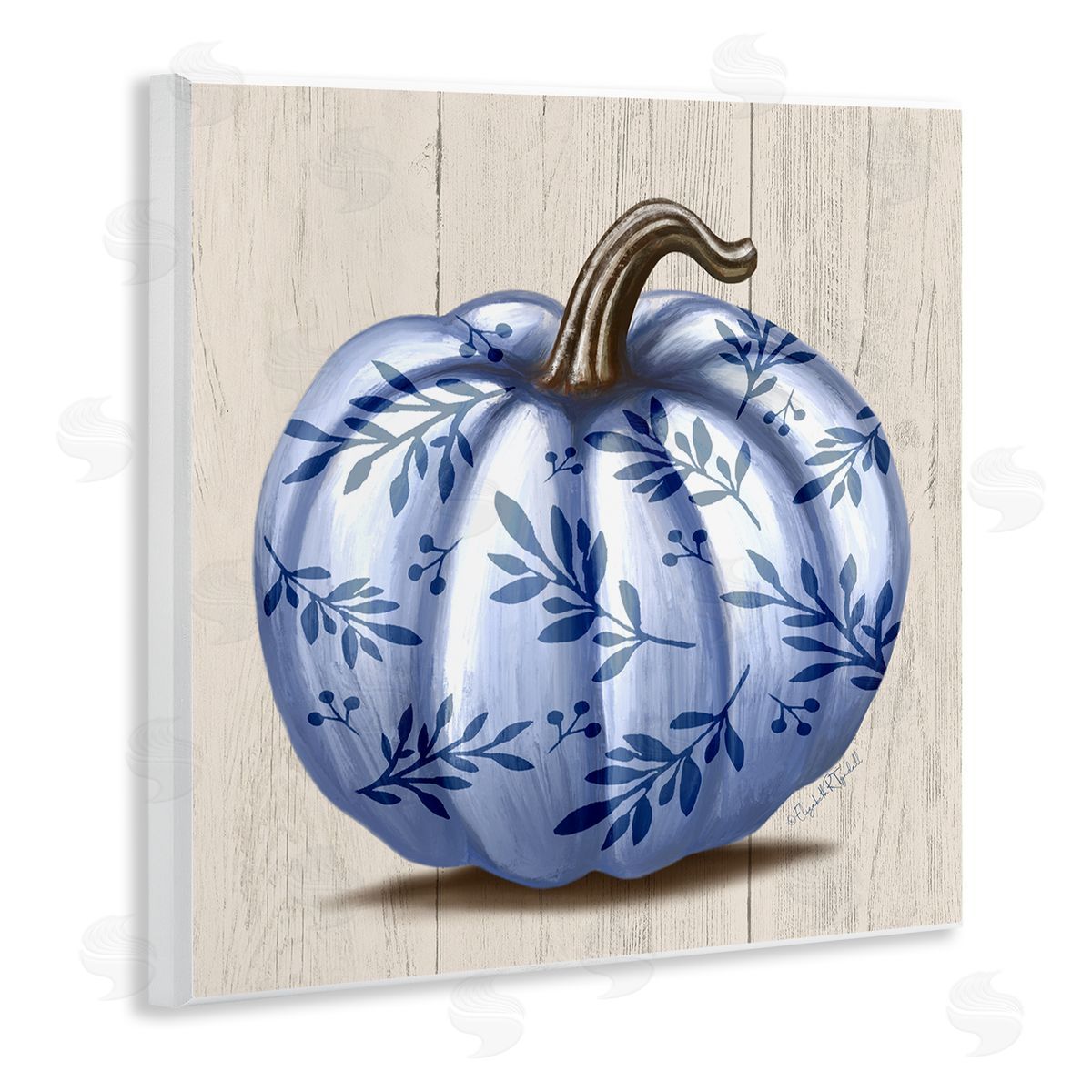 Elizabeth Tyndall Blue Patterned Botanical Pumpkin Wooden Wall Plaque Art Print