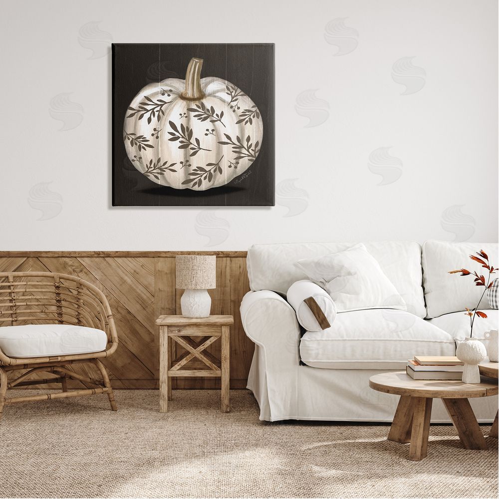 Elizabeth Tyndall Leaf Patterned Fall Pumpkin Canvas Wall Art in Room