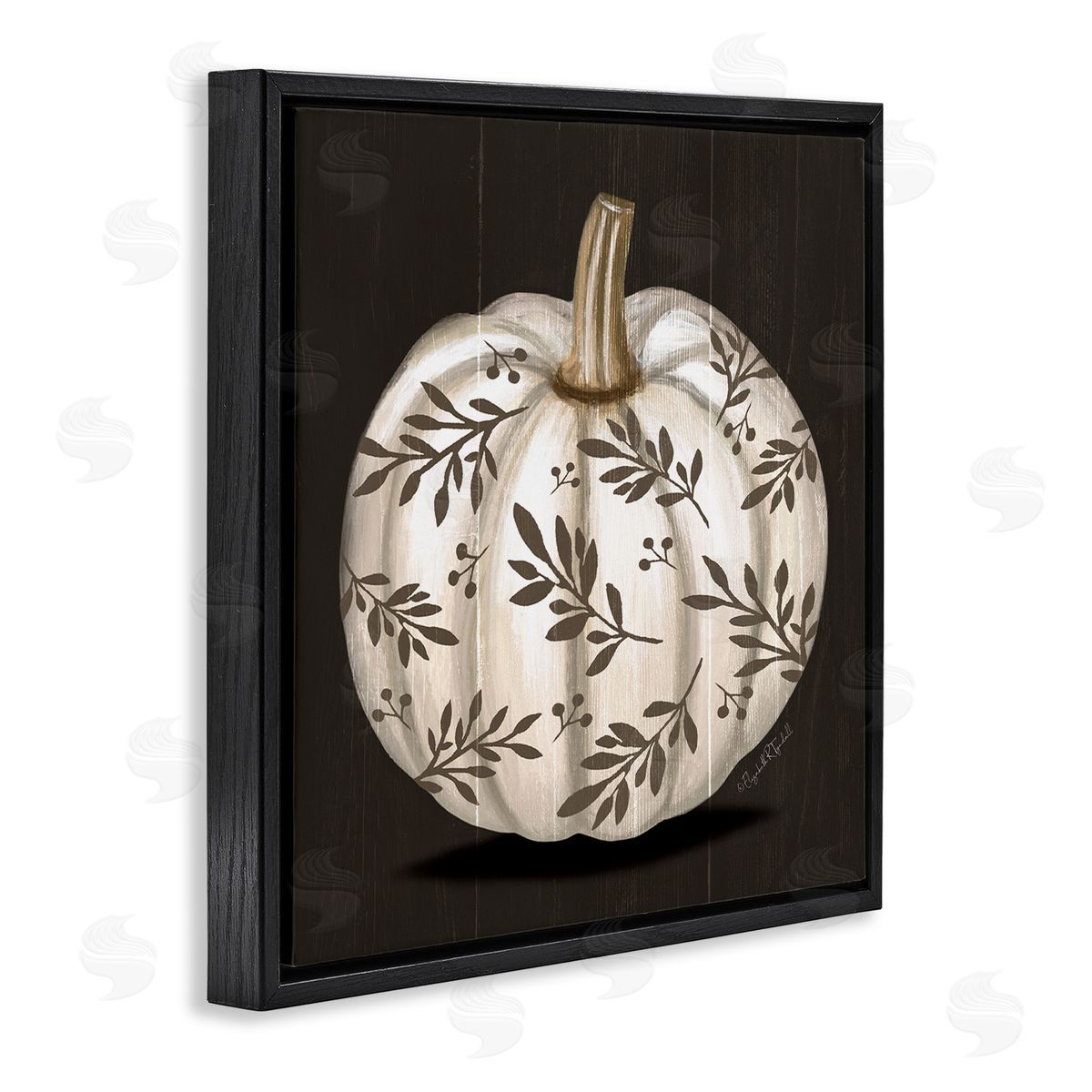 Elizabeth Tyndall Leaf Patterned Fall Pumpkin Black Floating Frame Canvas Wall Art Print