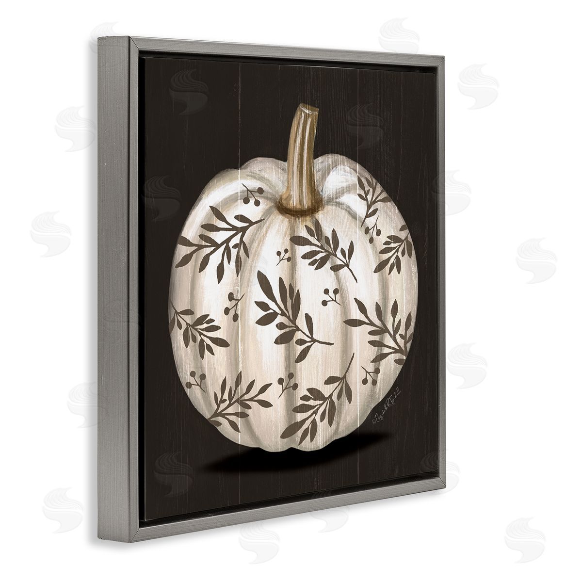 Elizabeth Tyndall Leaf Patterned Fall Pumpkin Gray Floating Frame Canvas Wall Art Print