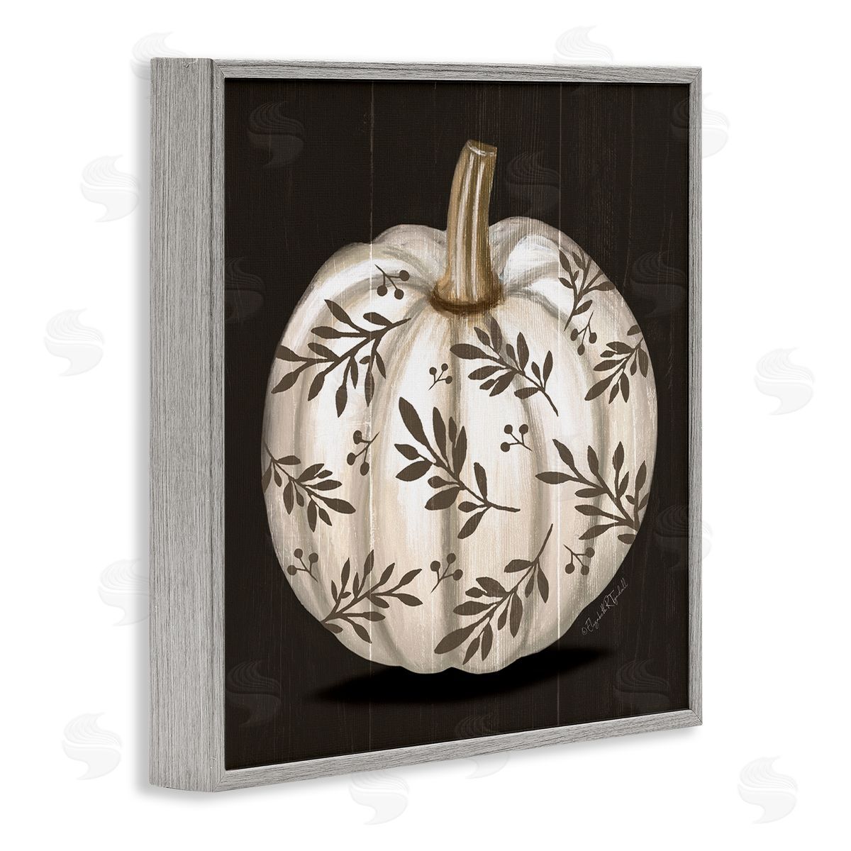 Elizabeth Tyndall Leaf Patterned Fall Pumpkin Gray Framed Glicee Wall Art Print