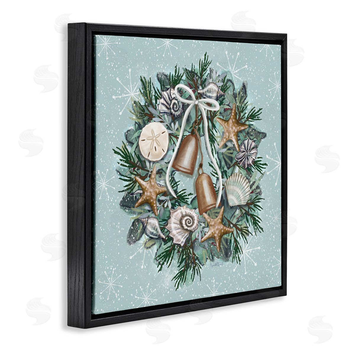 Elizabeth Tyndall Nautical Holiday Seashell Wreath Black Floating Frame Canvas Wall Art Print