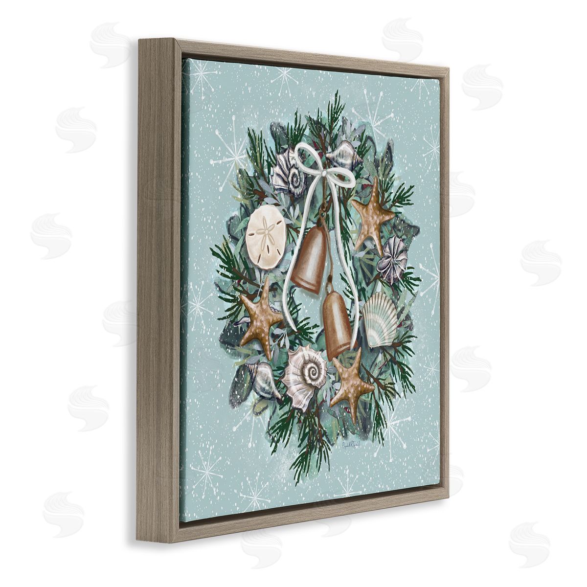 Elizabeth Tyndall Nautical Holiday Seashell Wreath Brown Floating Frame Canvas Wall Art Print