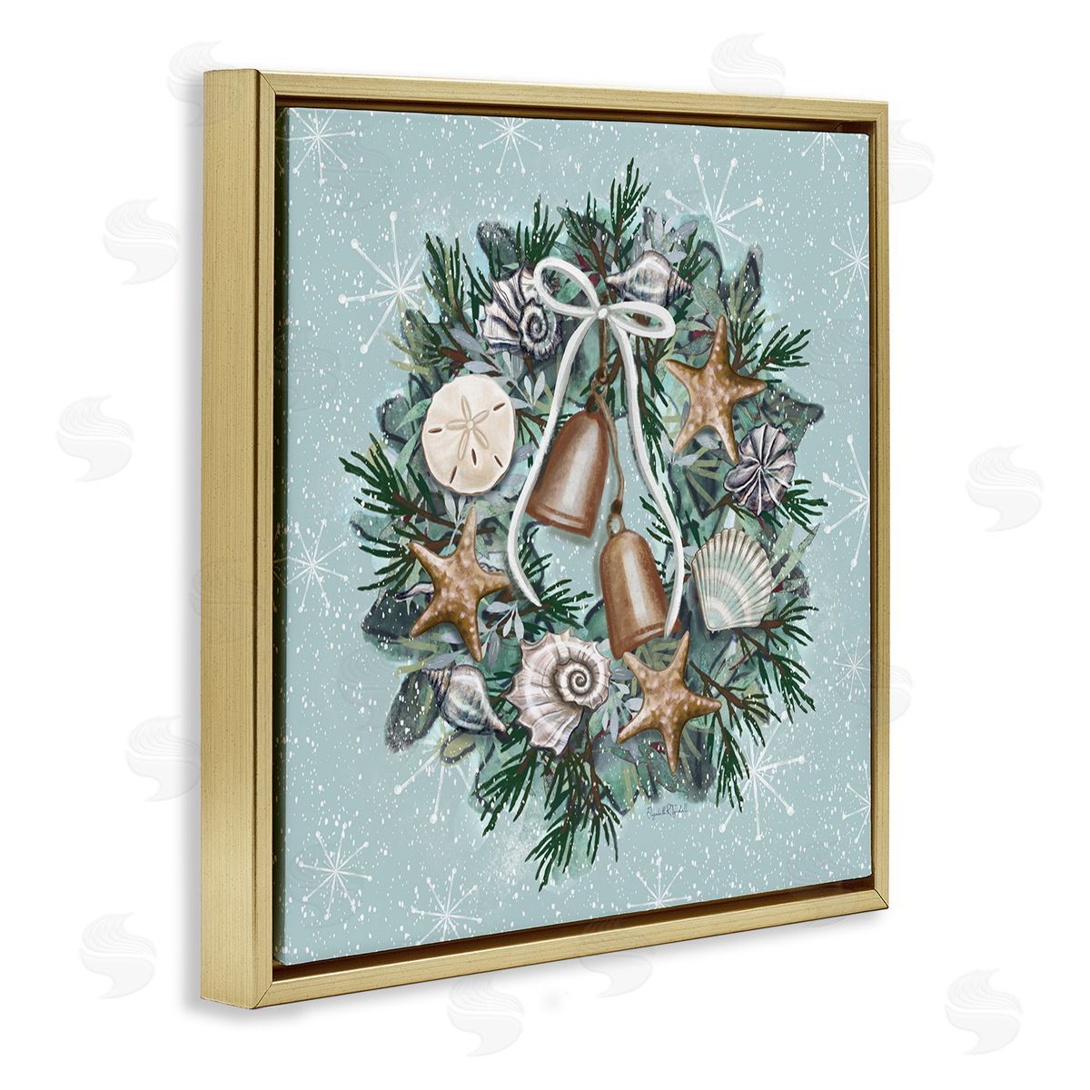 Elizabeth Tyndall Nautical Holiday Seashell Wreath Gold Floating Frame Canvas Wall Art Print