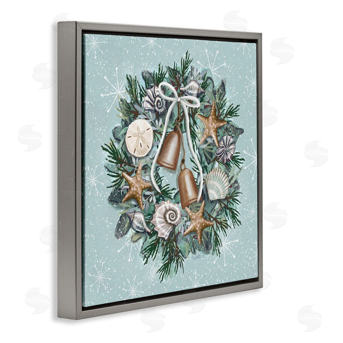 Elizabeth Tyndall Nautical Holiday Seashell Wreath Gray Floating Frame Canvas Wall Art Print