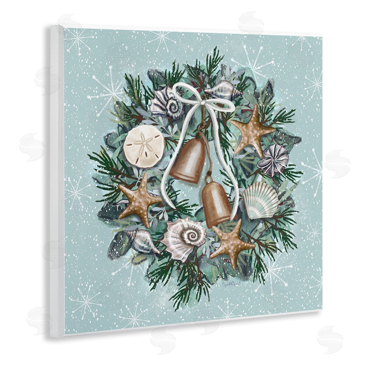 Elizabeth Tyndall Nautical Holiday Seashell Wreath Wooden Wall Plaque Art Print