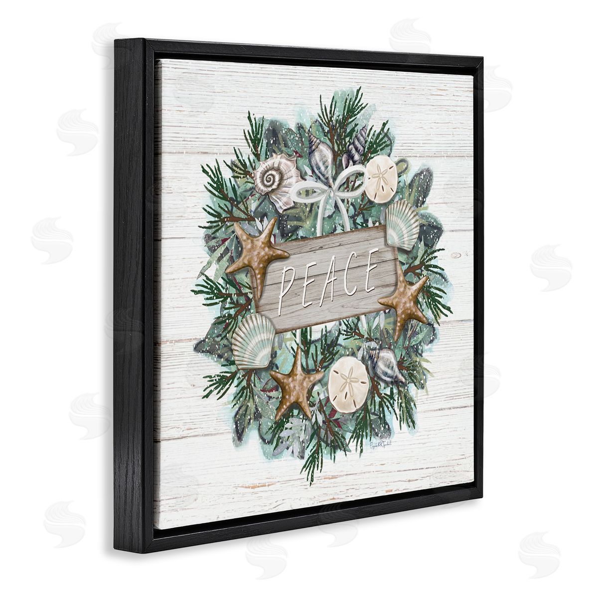 Elizabeth Tyndall Sea Life Holiday Peace Wreath Black Floating Frame Canvas Wall Art Print
