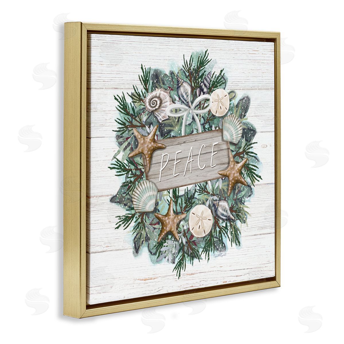 Elizabeth Tyndall Sea Life Holiday Peace Wreath Gold Floating Frame Canvas Wall Art Print