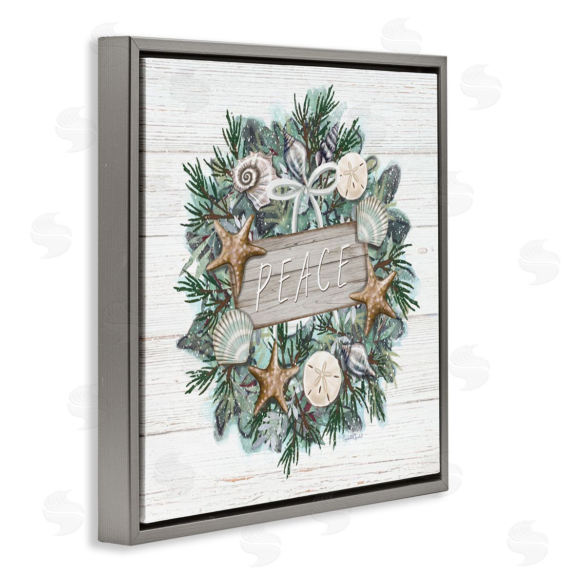 Elizabeth Tyndall Sea Life Holiday Peace Wreath Gray Floating Frame Canvas Wall Art Print