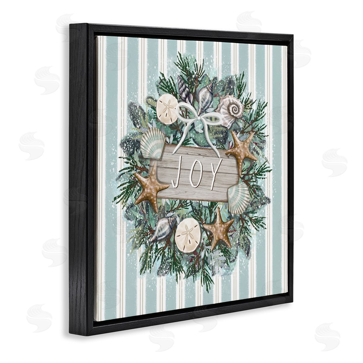 Elizabeth Tyndall Striped Joy Seashell Wreath Black Floating Frame Canvas Wall Art Print