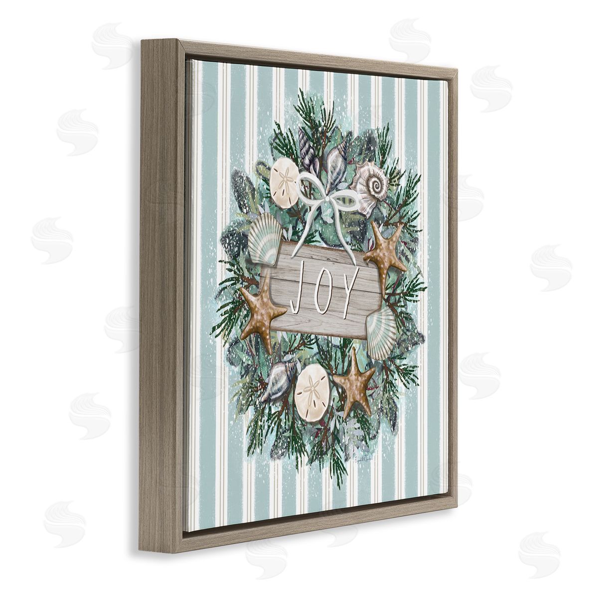 Elizabeth Tyndall Striped Joy Seashell Wreath Brown Floating Frame Canvas Wall Art Print