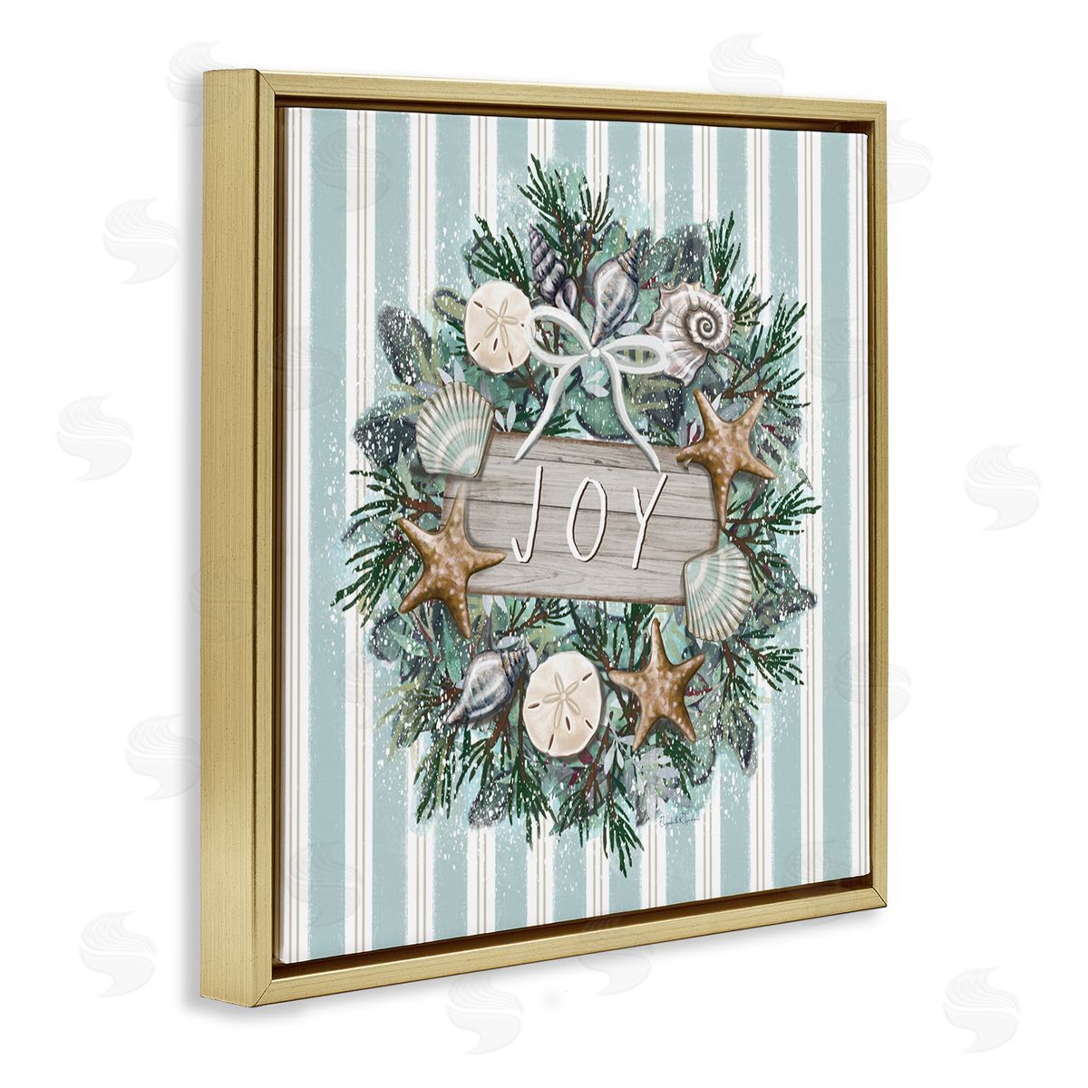 Elizabeth Tyndall Striped Joy Seashell Wreath Gold Floating Frame Canvas Wall Art Print